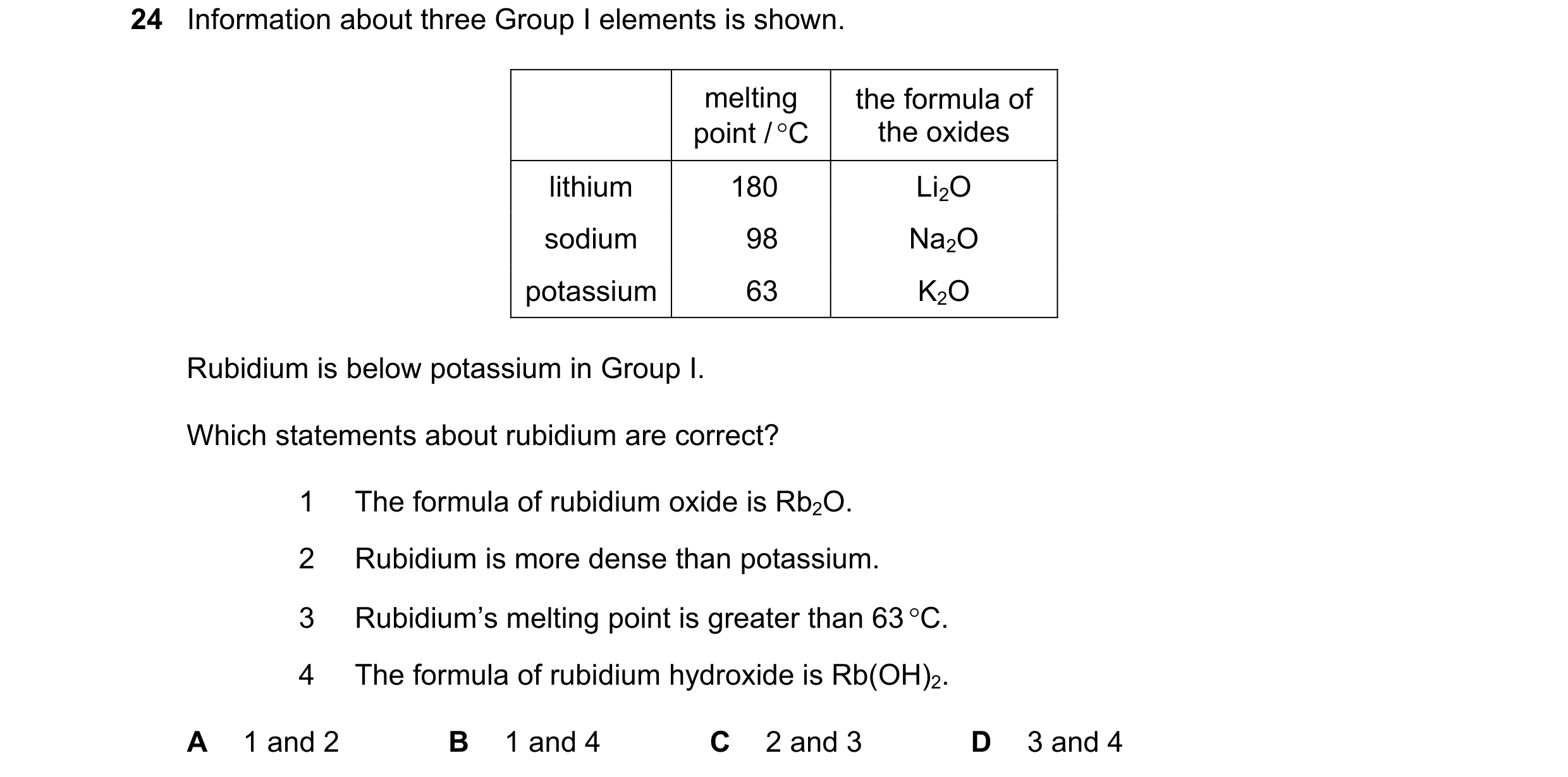 Question 3: Information about three Group I elements is shown. melting the formula of point / °C the oxides lithium 180 Li2O sodium 98 Na2O potassium 6…