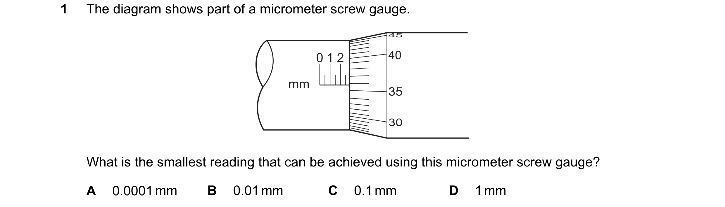 Question 3: The diagram shows part of a micrometer screw gauge. 45 0 1 2 40 mm 35 30 What is the smallest reading that can be achieved using this micro…