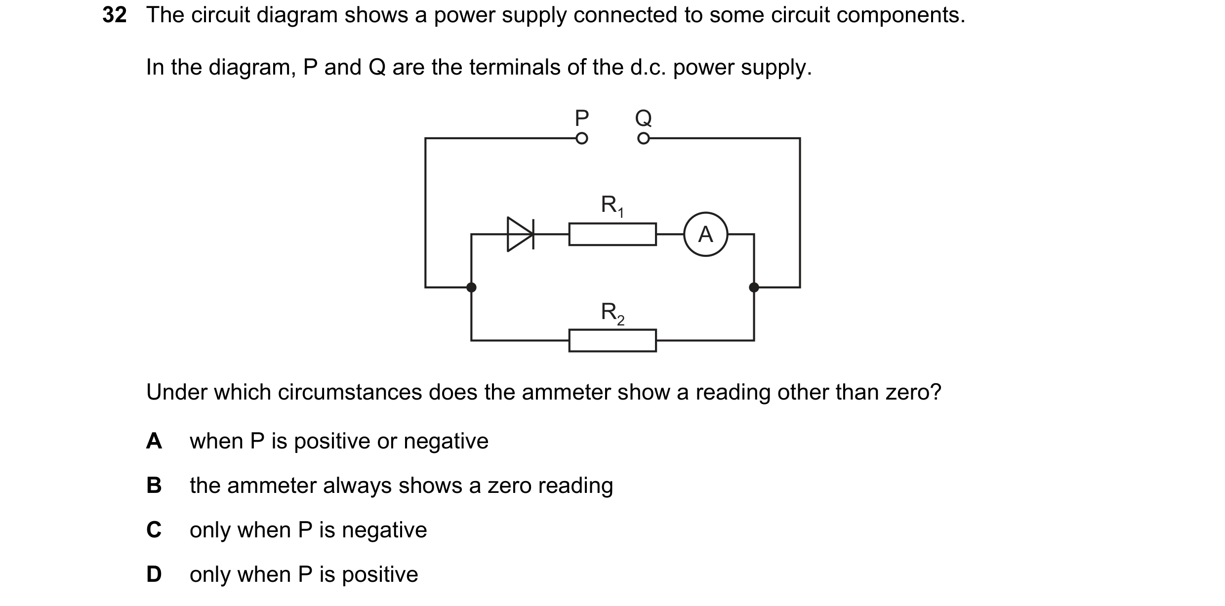 Question 13: The circuit diagram shows a power supply connected to some circuit components. In the diagram, P and Q are the terminals of the d.c. power …