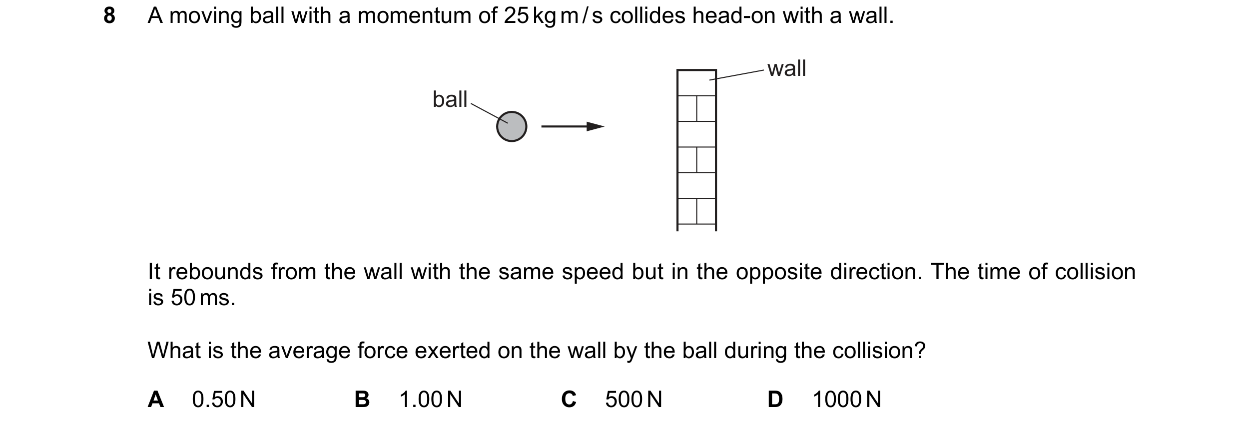 Question 3: A moving ball with a momentum of 25 kg m / s collides head-on with a wall. wall ball It rebounds from the wall with the same speed but in t…