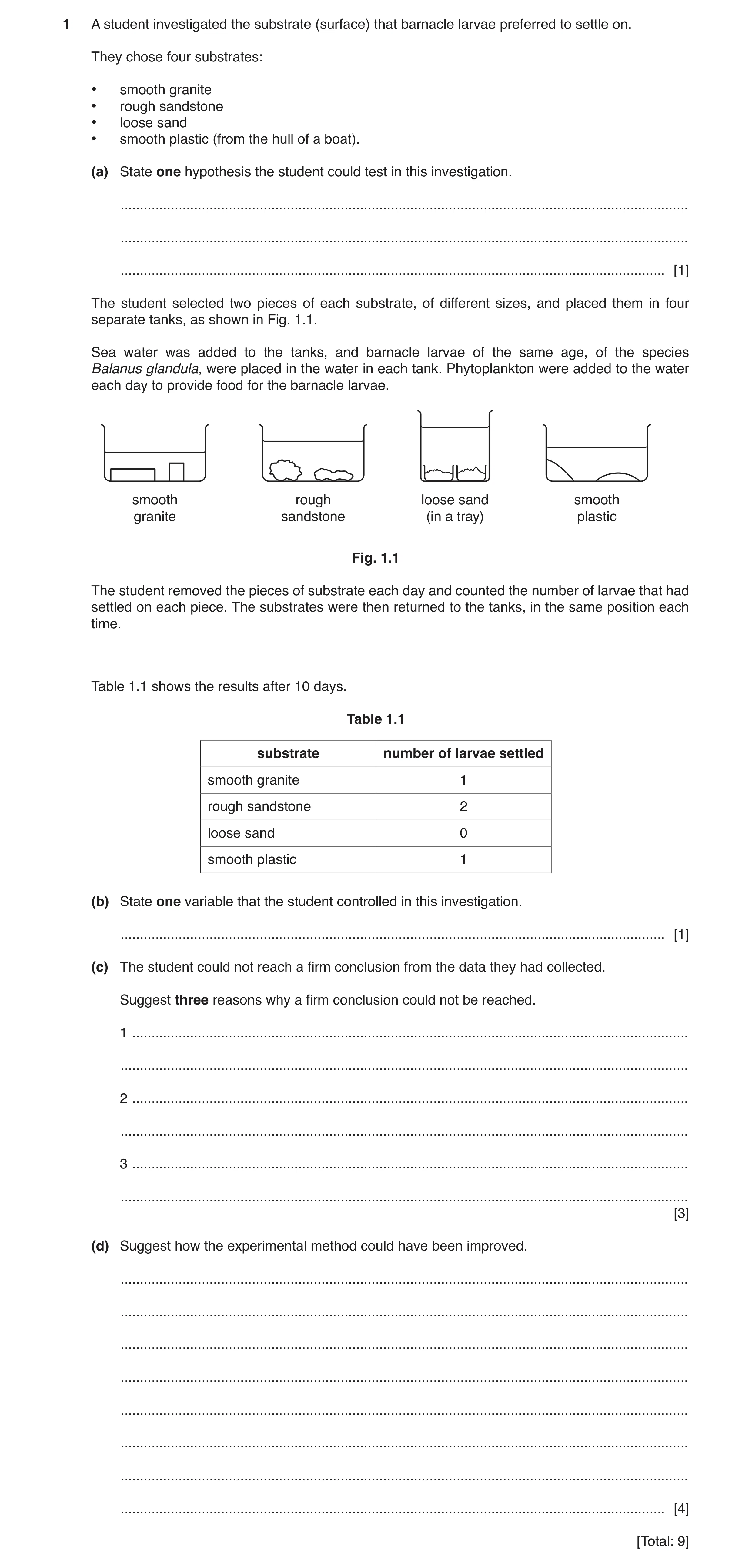 Question 6: A student investigated the substrate (surface) that barnacle larvae preferred to settle on. They chose four substrates: • smooth granite • …