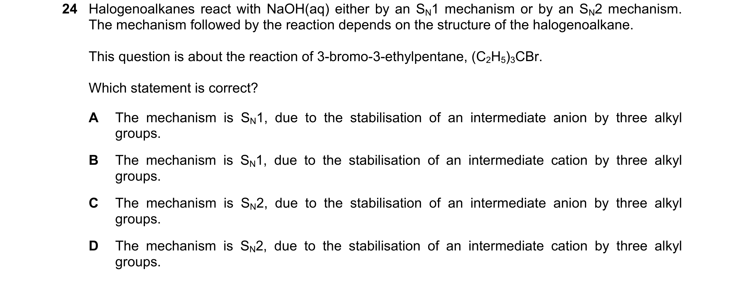 Question 147: Halogenoalkanes react with NaOH(aq) either by an SN1 mechanism or by an SN2 mechanism. The mechanism followed by the reaction depends on th…