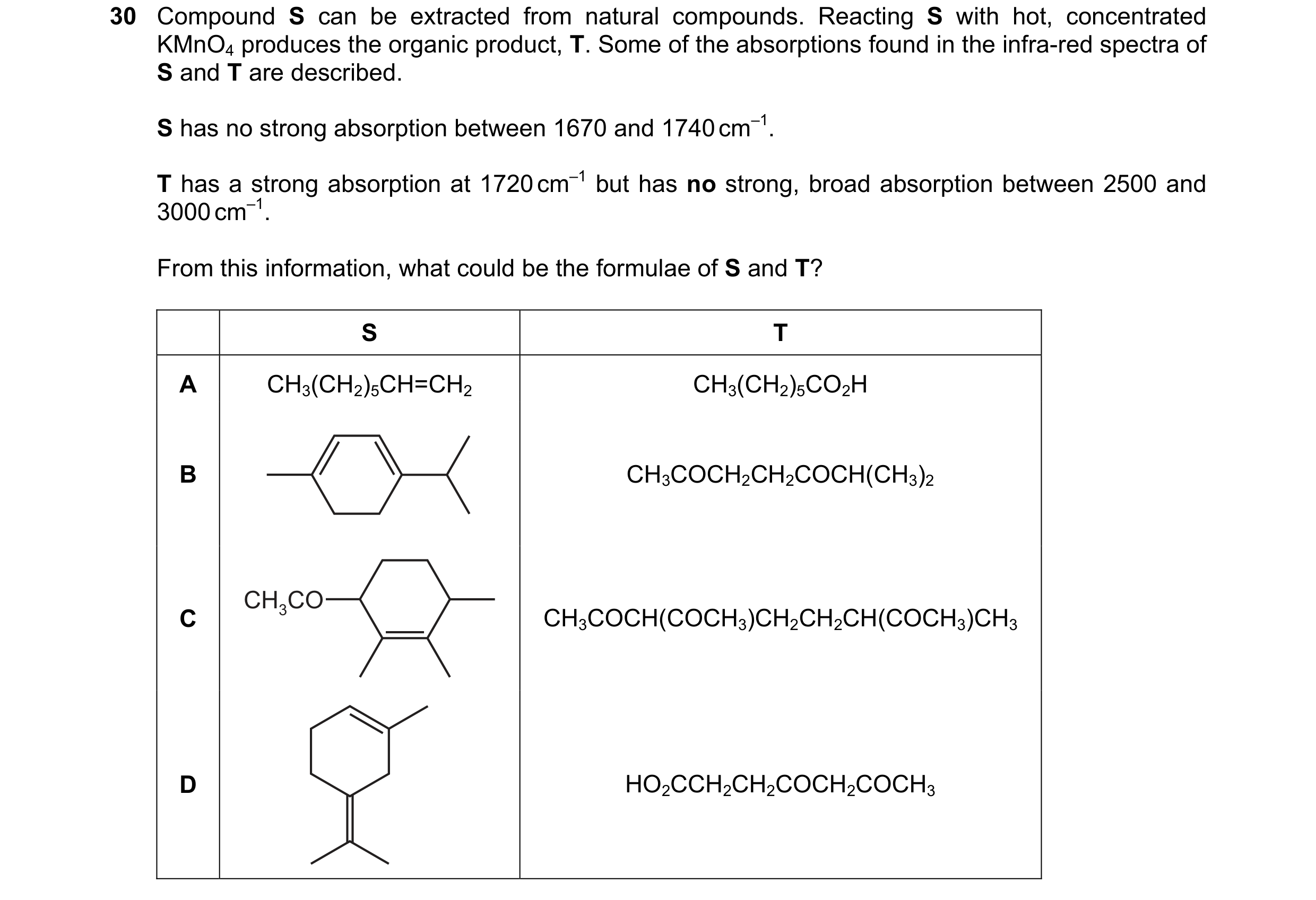 Question 4: Compound S can be extracted from natural compounds. Reacting S with hot, concentrated KMnO4 produces the organic product, T. Some of the ab…