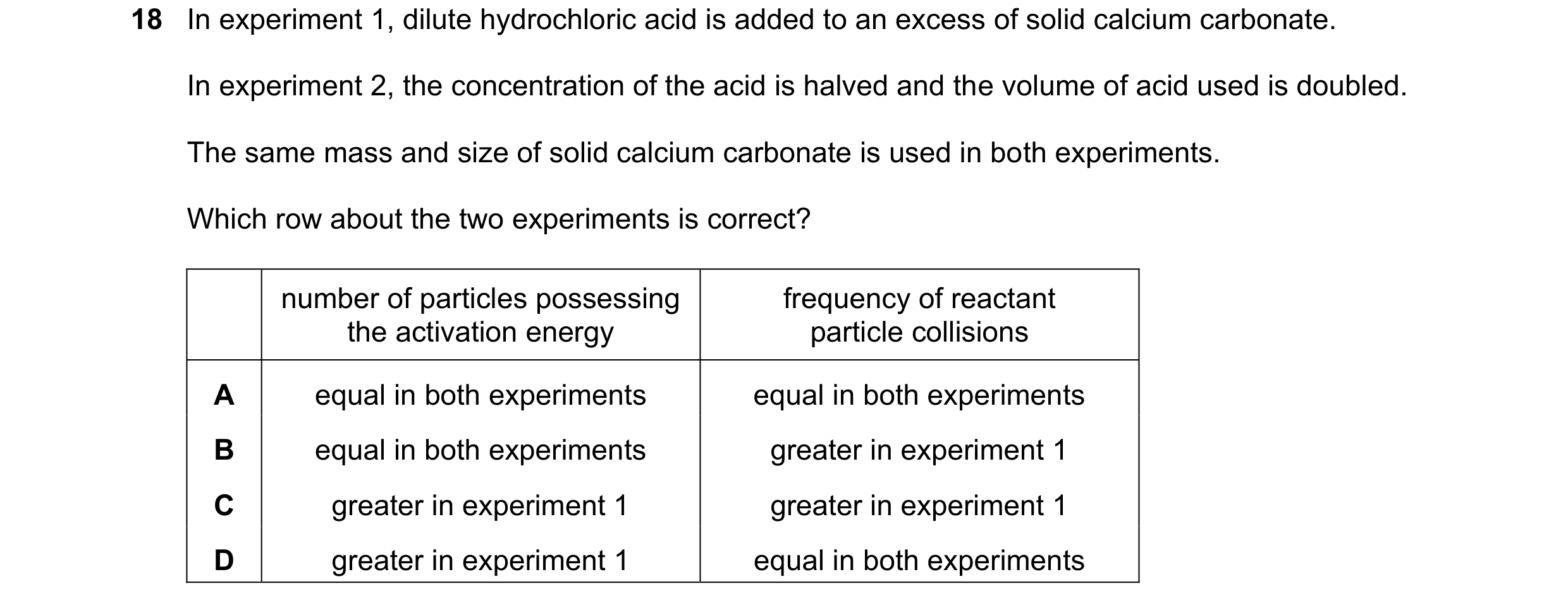 Question 24: In experiment 1, dilute hydrochloric acid is added to an excess of solid calcium carbonate. In experiment 2, the concentration of the acid …