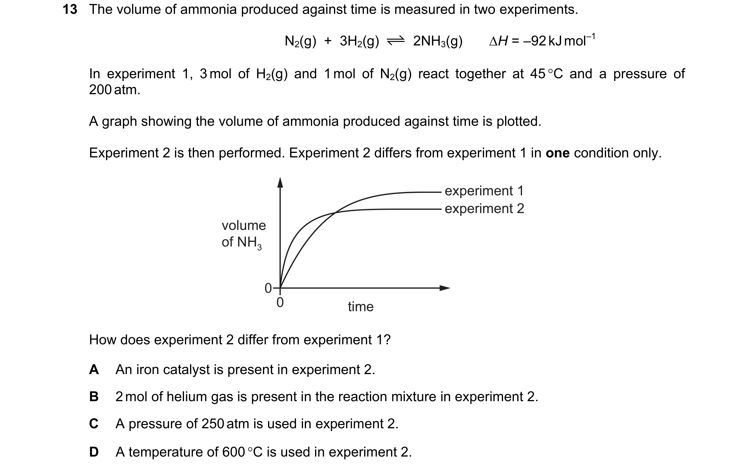 Question 138: The volume of ammonia produced against time is measured in two experiments. N2(g)  +  3H2(g) 2NH3(g) ∆H = –92 kJ mol–1 In experiment 1, 3 m…