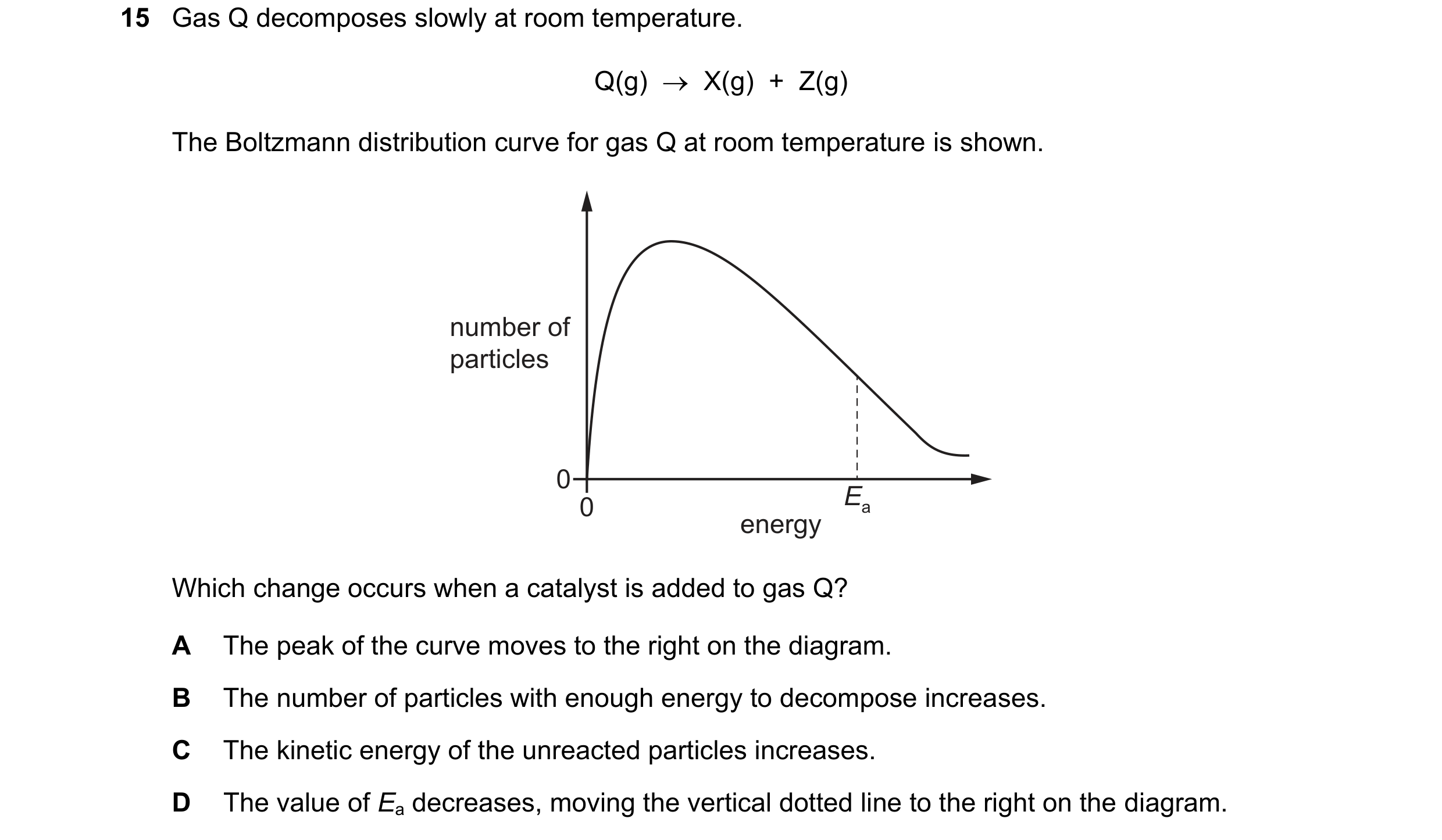 Question 139: Gas Q decomposes slowly at room temperature. Q(g)    X(g)  +  Z(g) The Boltzmann distribution curve for gas Q at room temperature is shown…