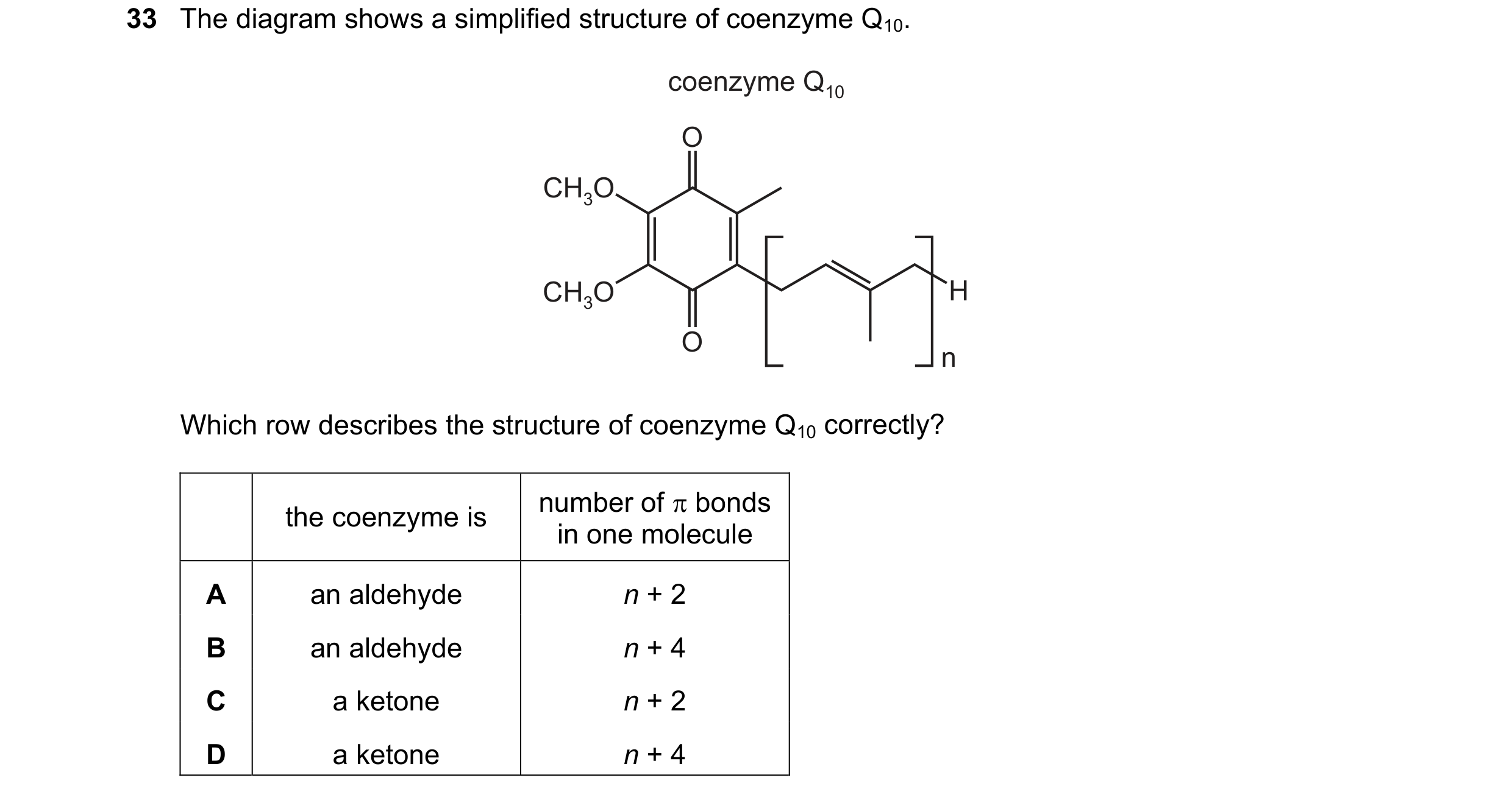 Question 296: The diagram shows a simplified structure of coenzyme Q10. coenzyme Q10 O CH3O CH3O H O n Which row describes the structure of coenzyme Q10 …