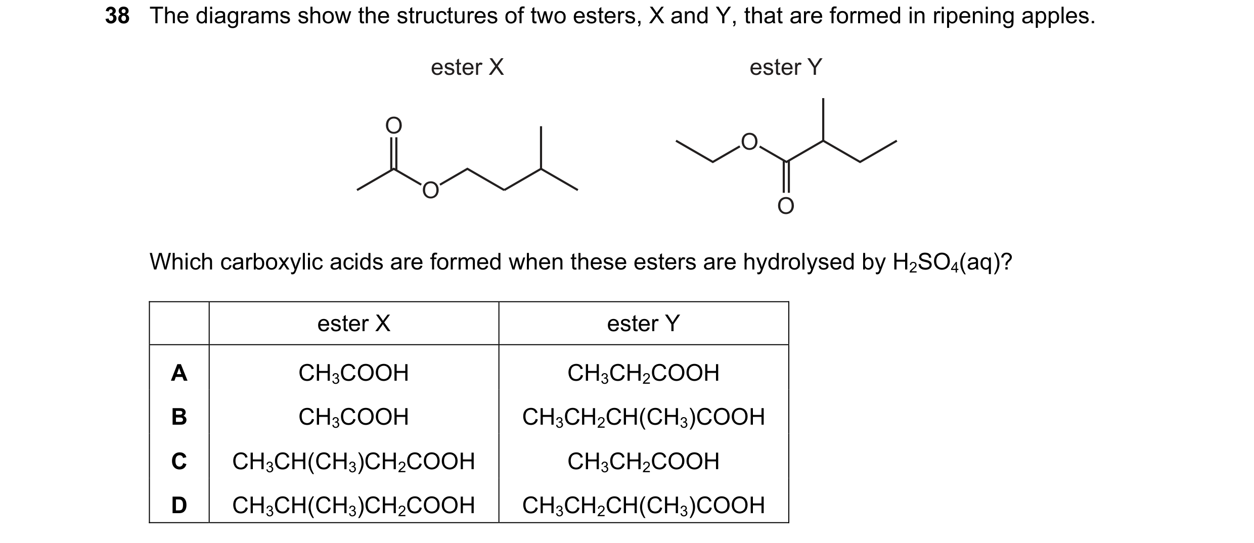 Question 150: The diagrams show the structures of two esters, X and Y, that are formed in ripening apples. ester X ester Y O O O O Which carboxylic acids…
