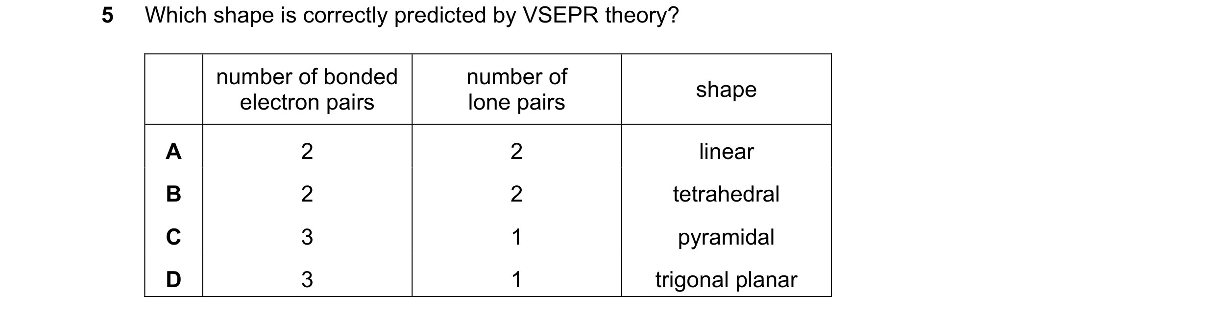 Question 96: Which shape is correctly predicted by VSEPR theory? number of bonded number of shape electron pairs lone pairs A 2 2 linear B 2 2 tetrahedr…