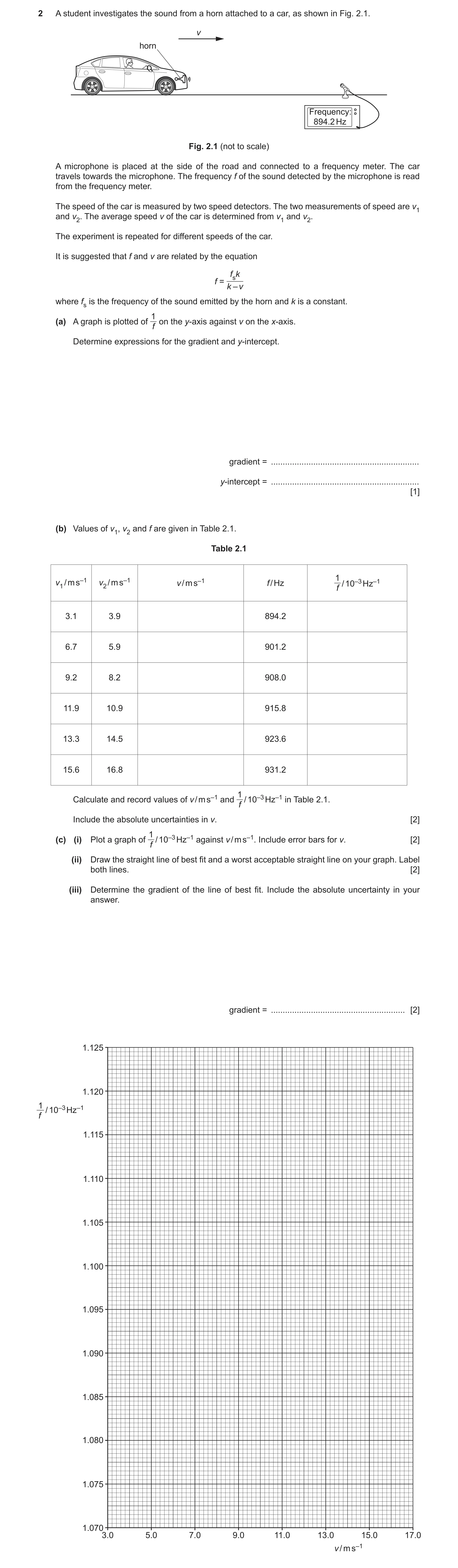 Question 73: A student investigates the sound from a horn attached to a car, as shown in Fig. 2.1. v horn Frequency: 894.2 Hz Fig. 2.1 (not to scale) A …