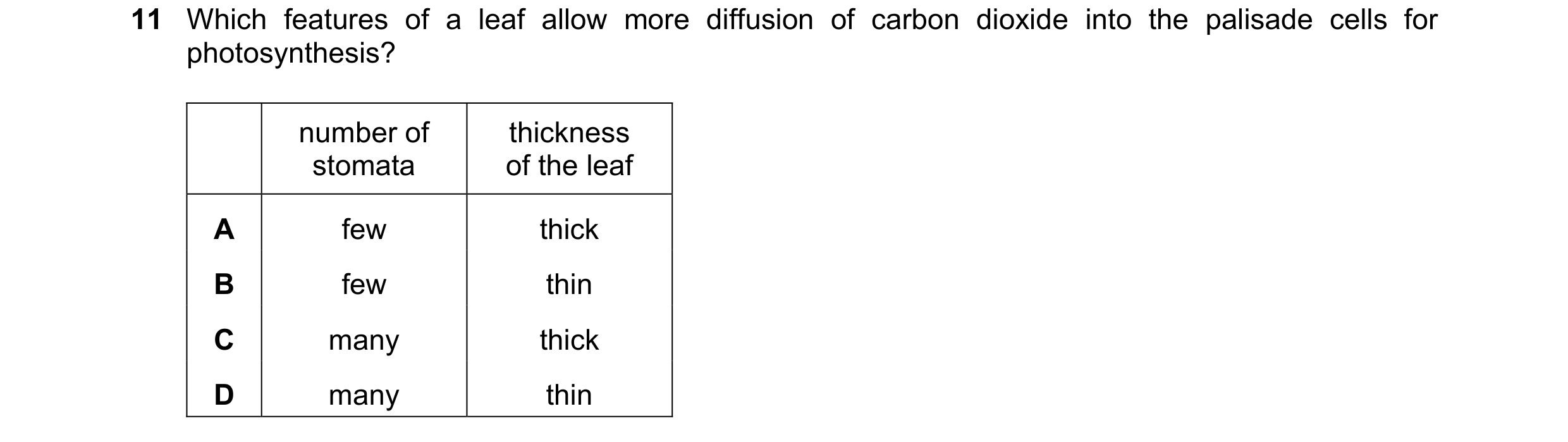 Question 18: Which features of a leaf allow more diffusion of carbon dioxide into the palisade cells for photosynthesis? number of thickness stomata of …