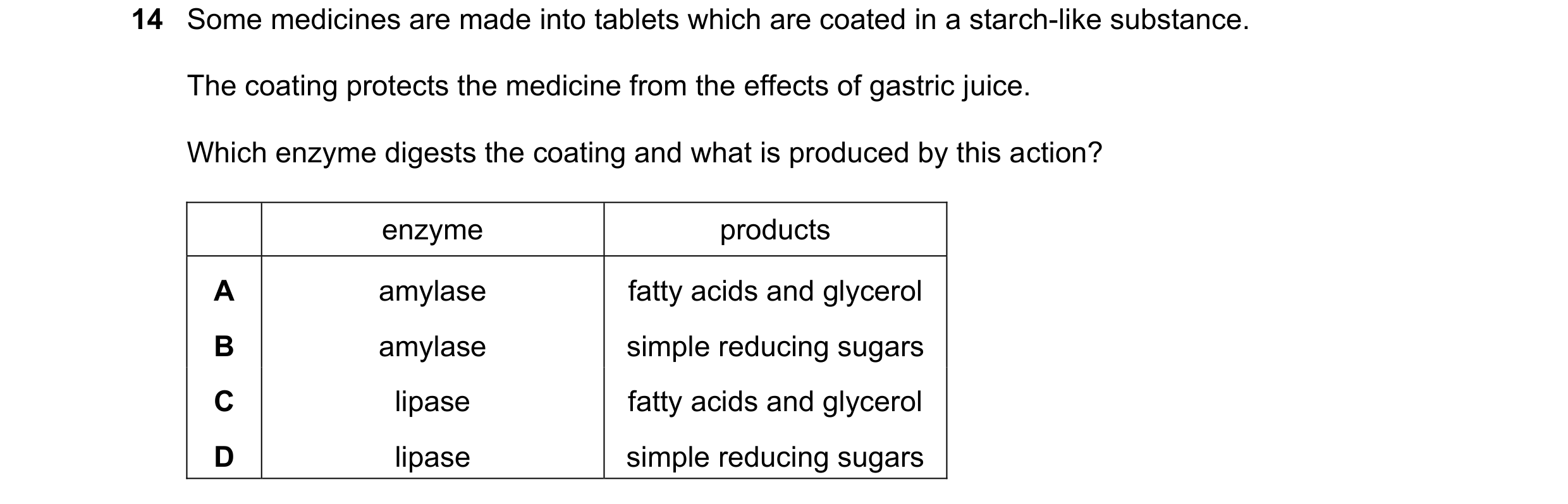 Question 16: Some medicines are made into tablets which are coated in a starch-like substance. The coating protects the medicine from the effects of gas…