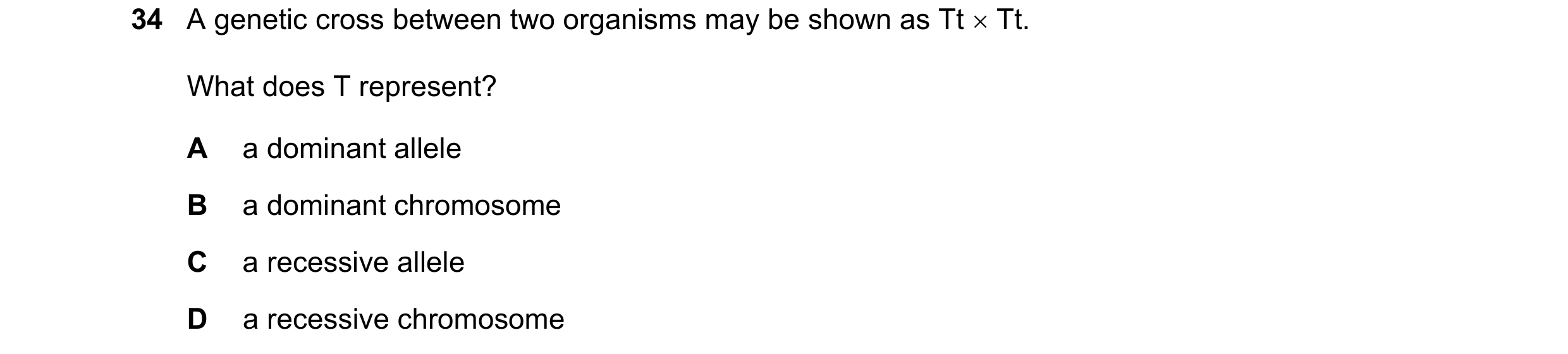 Question 18: A genetic cross between two organisms may be shown as Tt  Tt. What does T represent? A a dominant allele B a dominant chromosome C a reces…