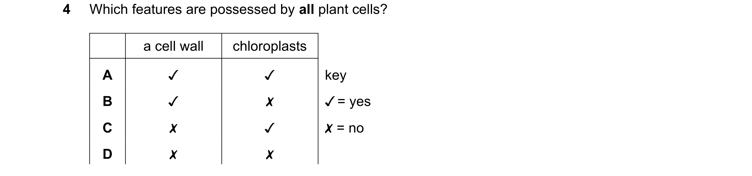 Question 35: Which features are possessed by all plant cells?

a cell wall chloroplasts

v v key
/=yes

0 0O WwW >

J x
x Jv X=no
x x