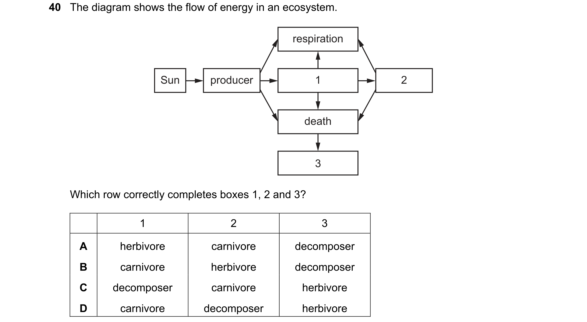 Question 11: The diagram shows the flow of energy in an ecosystem. respiration Sun producer 1 2 death 3 Which row correctly completes boxes 1, 2 and 3? …