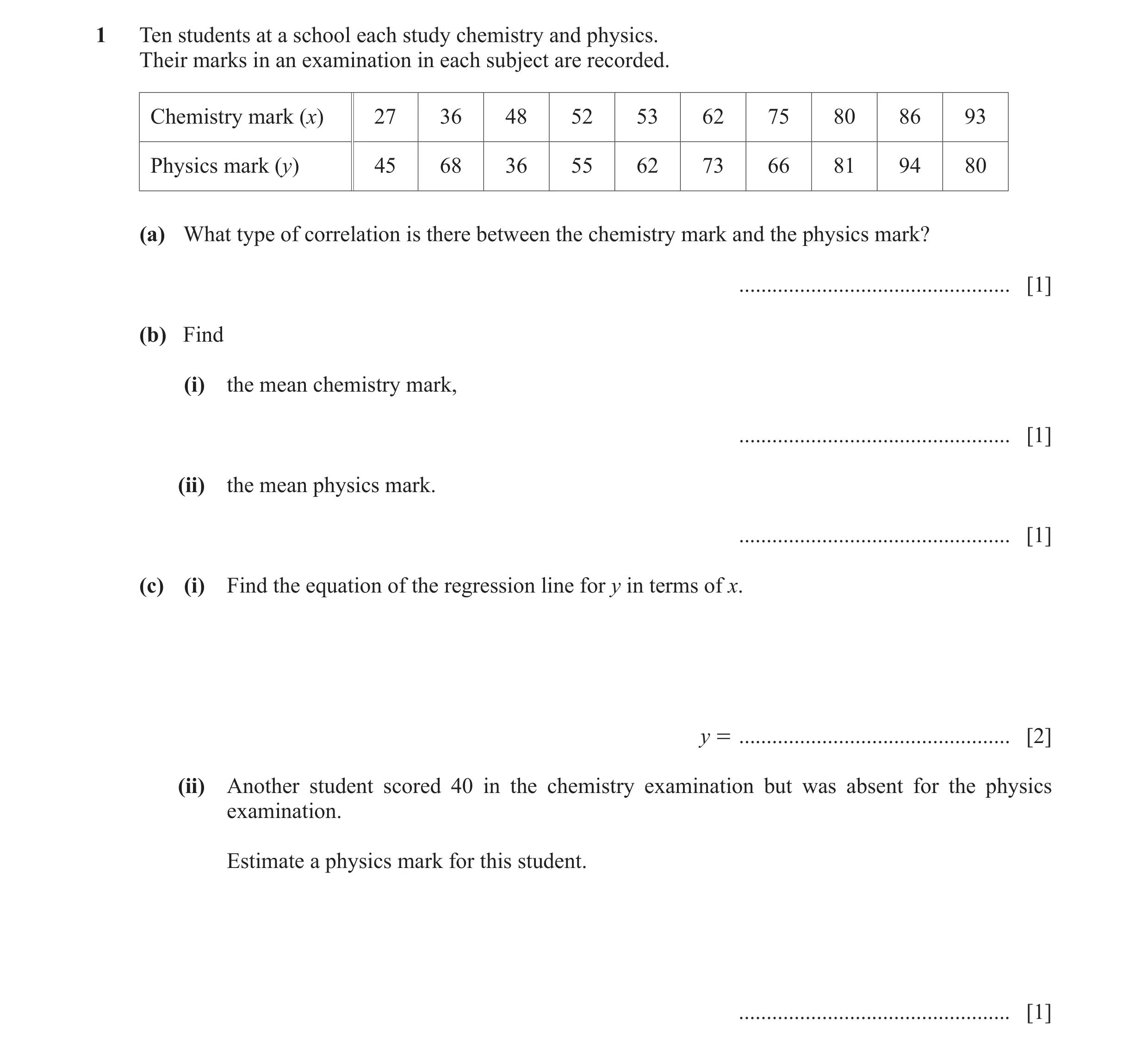 Question 10: Ten students at a school each study chemistry and physics. Their marks in an examination in each subject are recorded. Chemistry mark (x) 2…