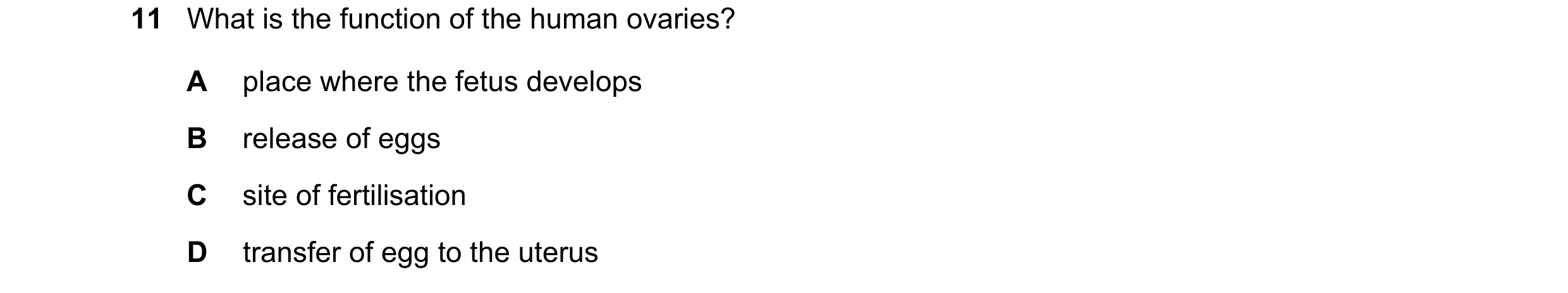 Question 70: What is the function of the human ovaries? A place where the fetus develops B release of eggs C site of fertilisation D transfer of egg to …
