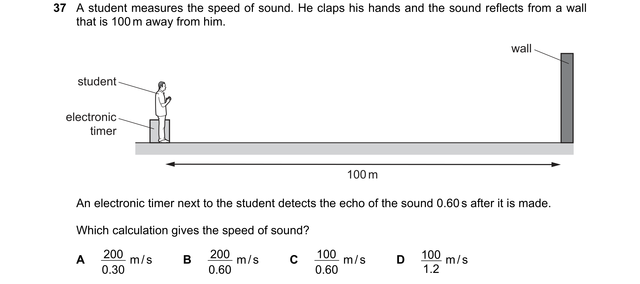 Question 60: A student measures the speed of sound. He claps his hands and the sound reflects from a wall that is 100 m away from him. wall student elec…
