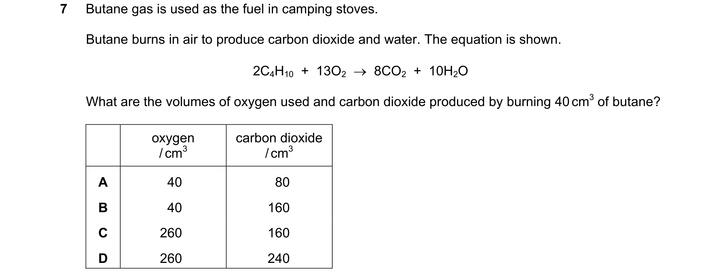 Question 19: Butane gas is used as the fuel in camping stoves. Butane burns in air to produce carbon dioxide and water. The equation is shown. 2C4H10 +…