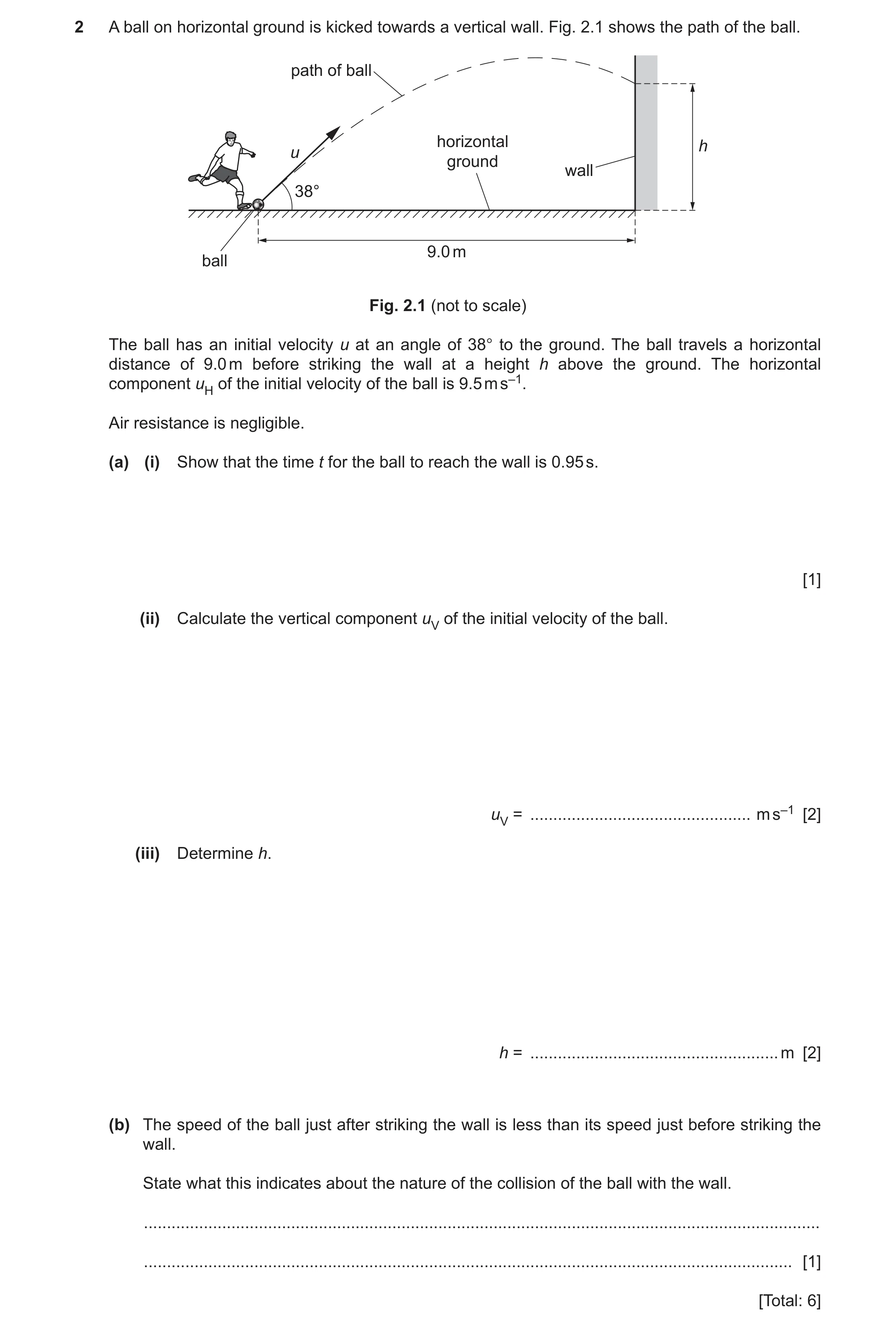Question 38: A ball on horizontal ground is kicked towards a vertical wall. Fig. 2.1 shows the path of the ball. path of ball horizontal h u ground wall…