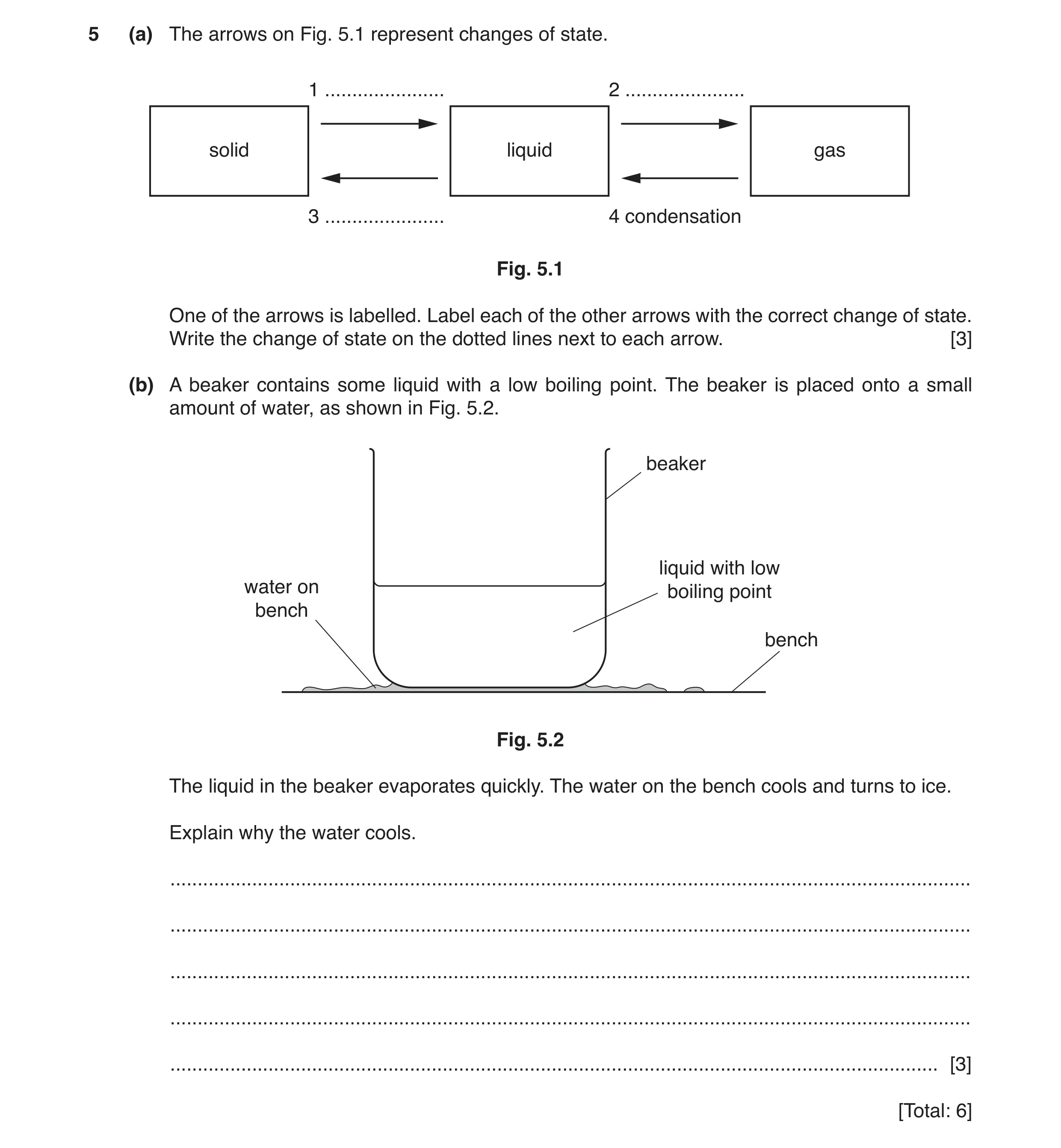 Question 16: (a) The arrows on Fig. 5.1 represent changes of state. 1 ...................... 2 ...................... solid liquid gas 3 ...............…
