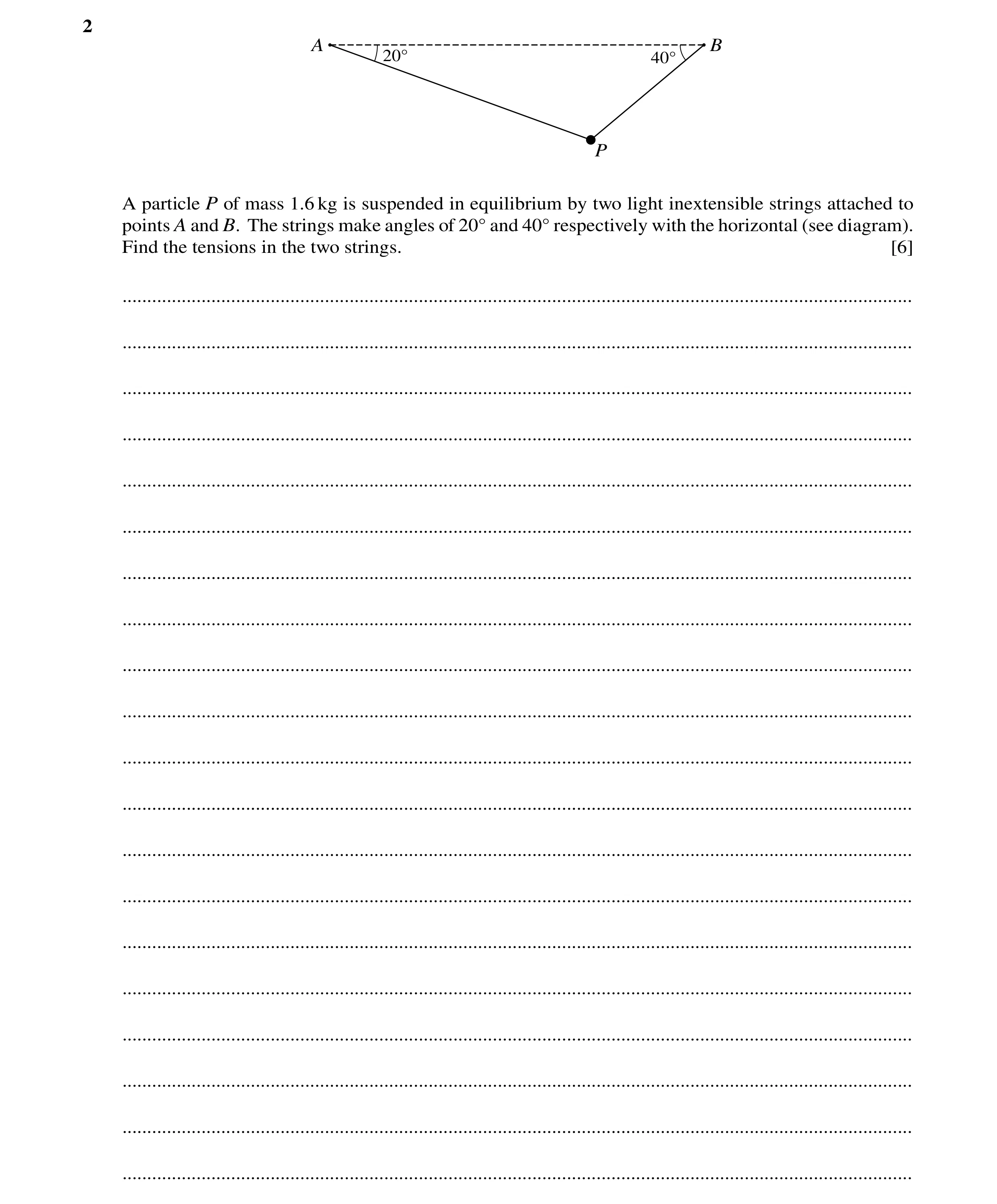 Question 95: A B 20Å 40Å P A particle P of mass 1.6 kg is suspended in equilibrium by two light inextensible strings attached to points A and B. The str…
