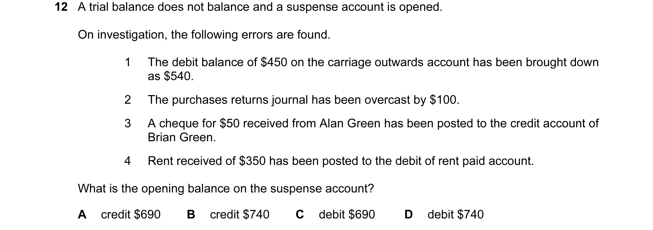 Question 107: A trial balance does not balance and a suspense account is opened. On investigation, the following errors are found. 1 The debit balance of…