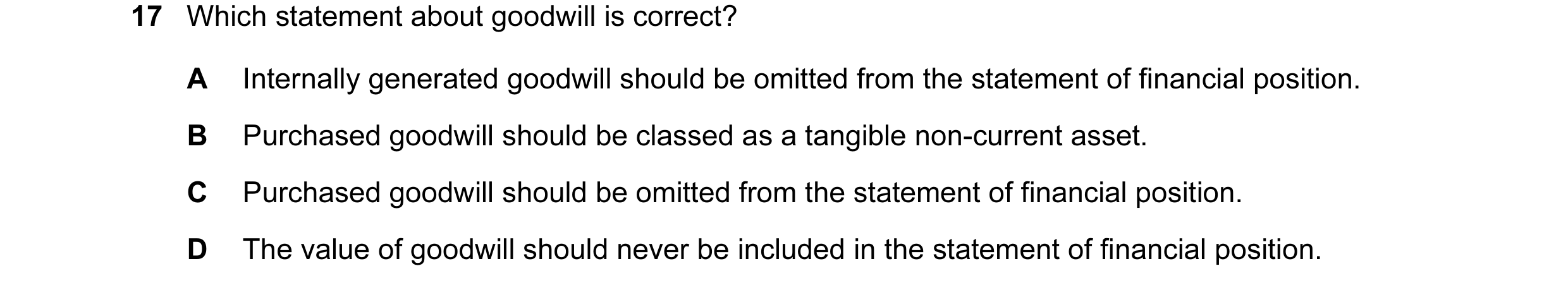 Question 66: Which statement about goodwill is correct? A Internally generated goodwill should be omitted from the statement of financial position. B Pu…