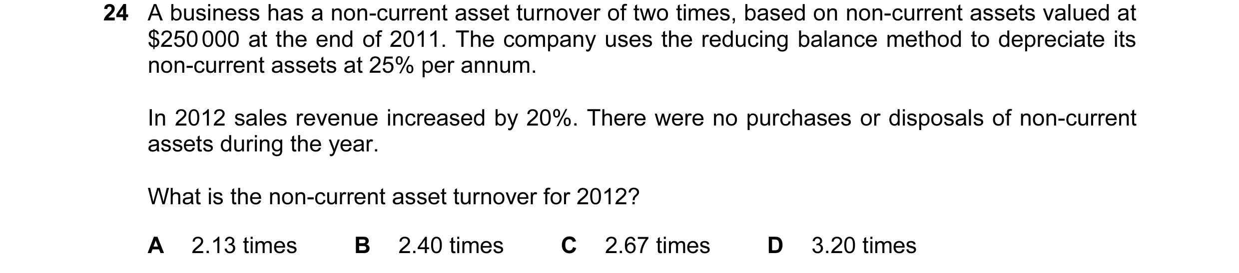 Question 69: A business has a non-current asset turnover of two times, based on non-current assets valued at $250 000 at the end of 2011. The company us…