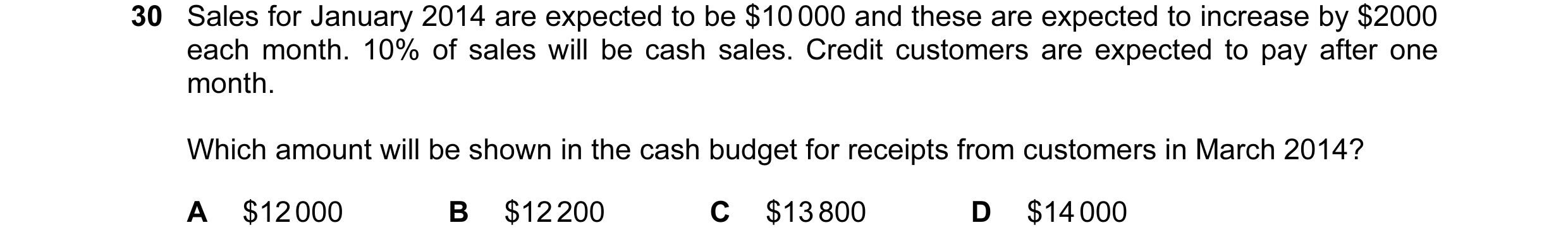 Question 7: Sales for January 2014 are expected to be $10 000 and these are expected to increase by $2000 each month. 10% of sales will be cash sales. …