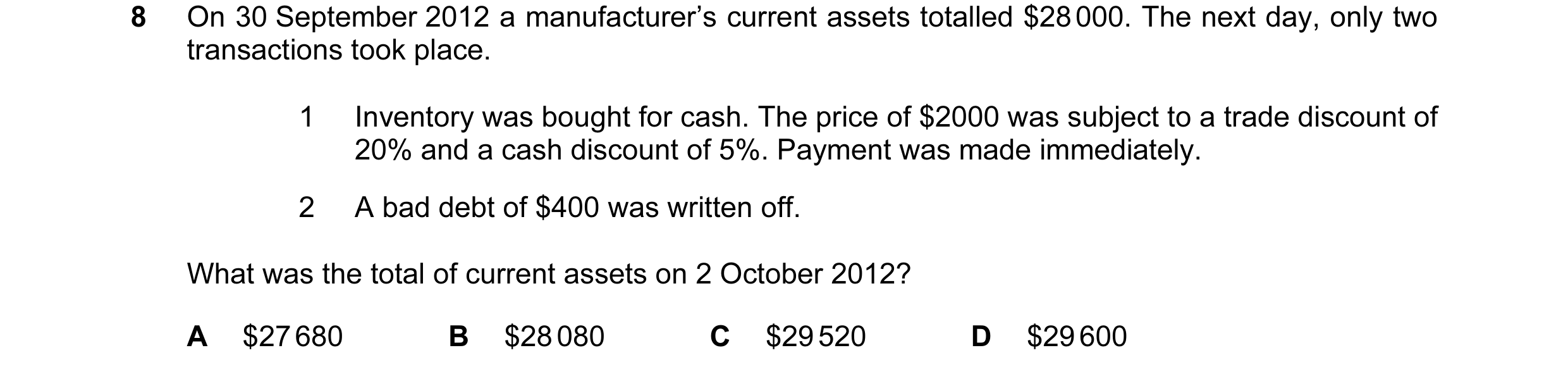 Question 320: On 30 September 2012 a manufacturer’s current assets totalled $28 000. The next day, only two transactions took place. 1 Inventory was boug…