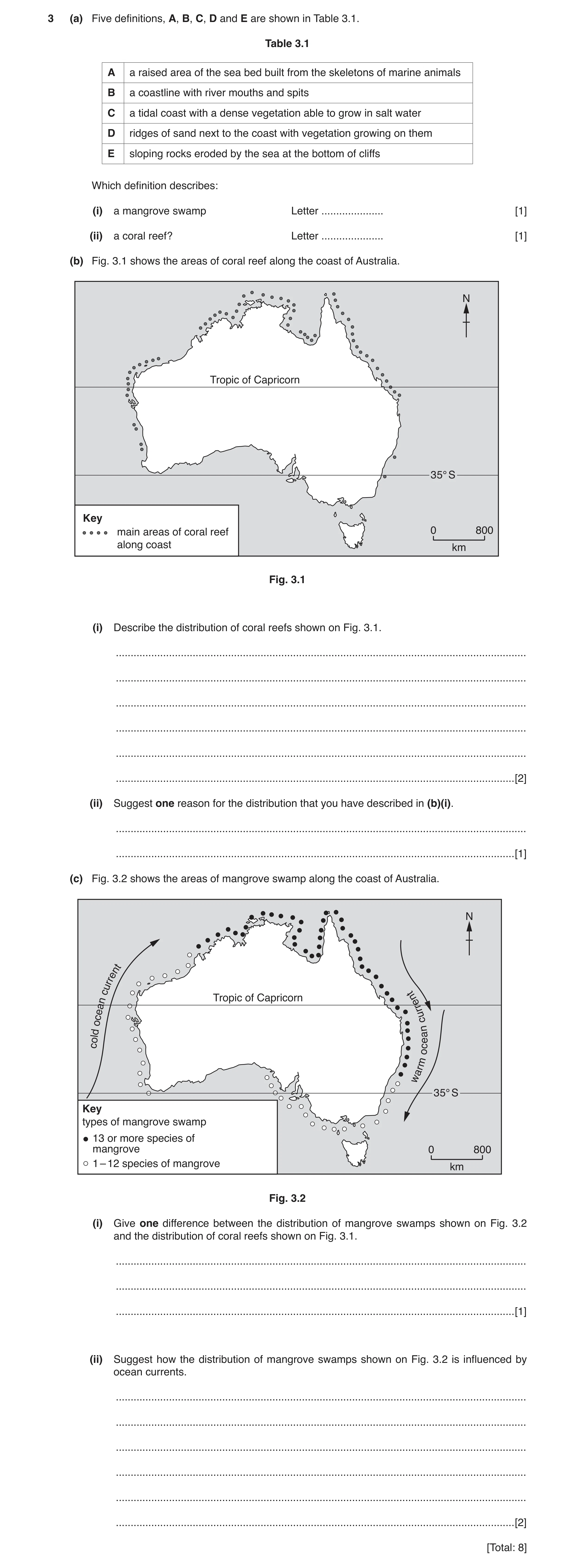 Question 4: (a) Five definitions, A, B, C, D and E are shown in Table 3.1. Table 3.1 A a raised area of the sea bed built from the skeletons of marine …