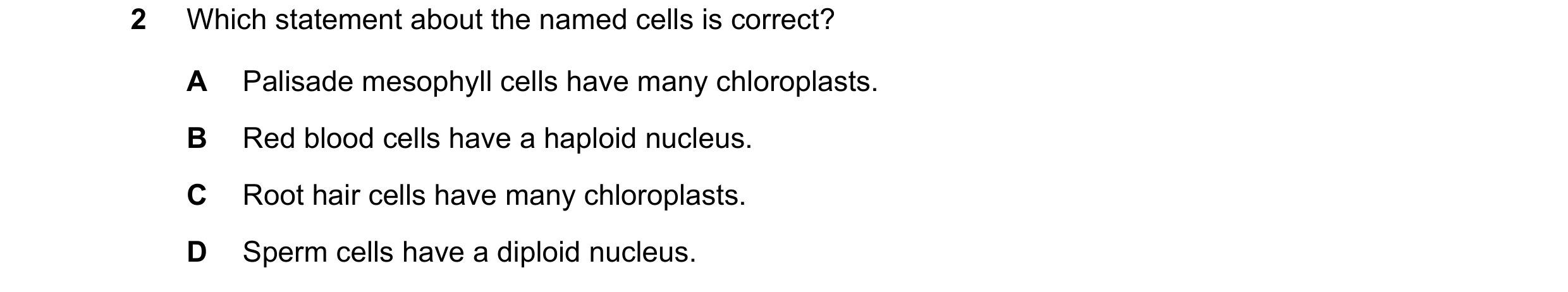 Question 20: Which statement about the named cells is correct? A Palisade mesophyll cells have many chloroplasts. B Red blood cells have a haploid nucle…