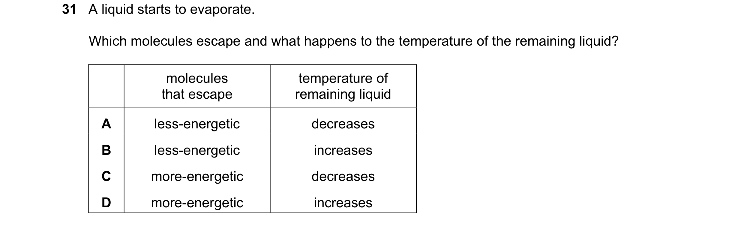 Question 27: A liquid starts to evaporate. Which molecules escape and what happens to the temperature of the remaining liquid? molecules temperature of …