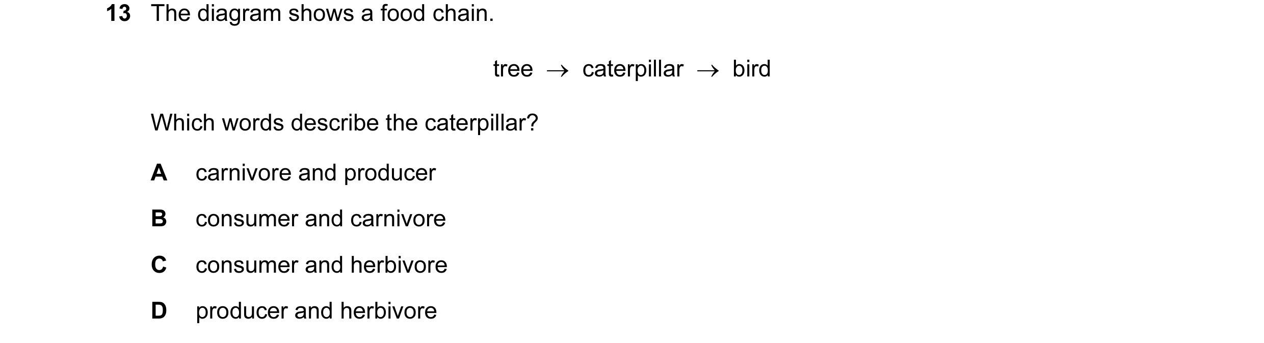 Question 14: The diagram shows a food chain. tree → caterpillar → bird Which words describe the caterpillar? A carnivore and producer B consumer and…