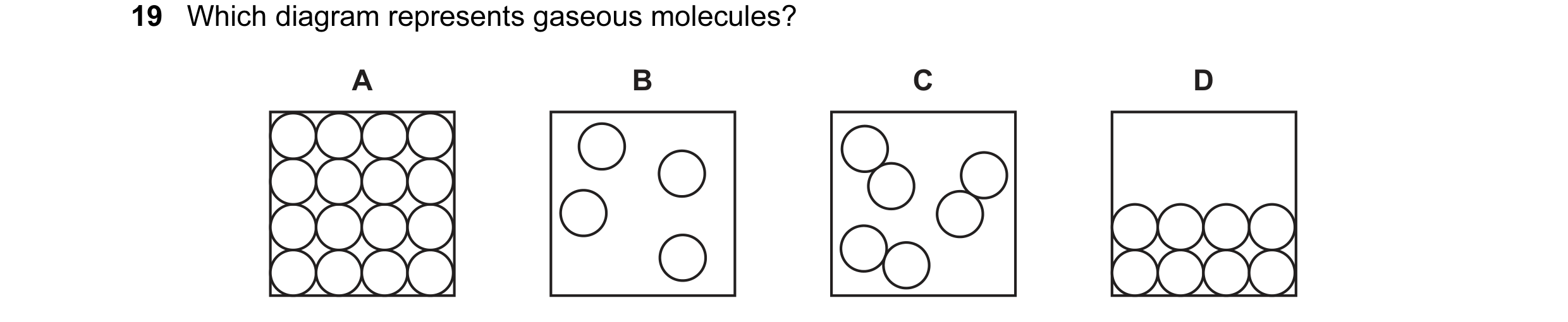 Question 18: Which diagram represents gaseous molecules? A B C D