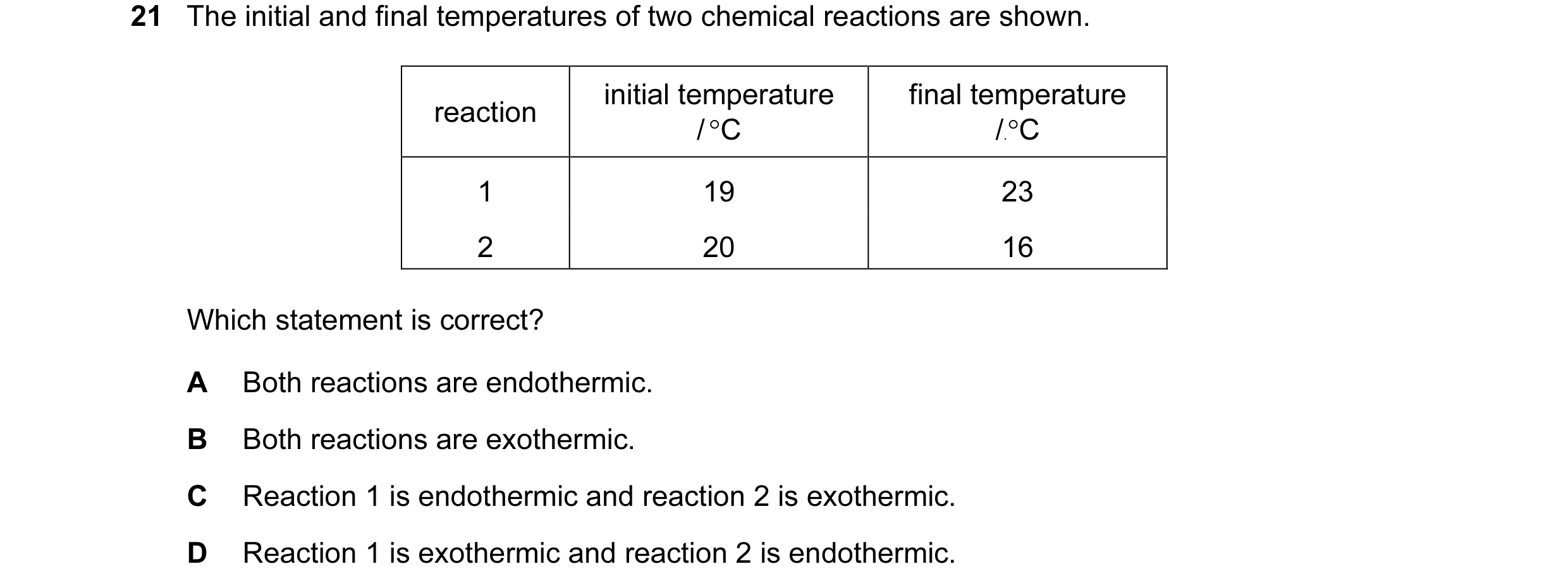 Question 12: The initial and final temperatures of two chemical reactions are shown. initial temperature final temperature reaction / °C /.°C 1 19 23 2 …