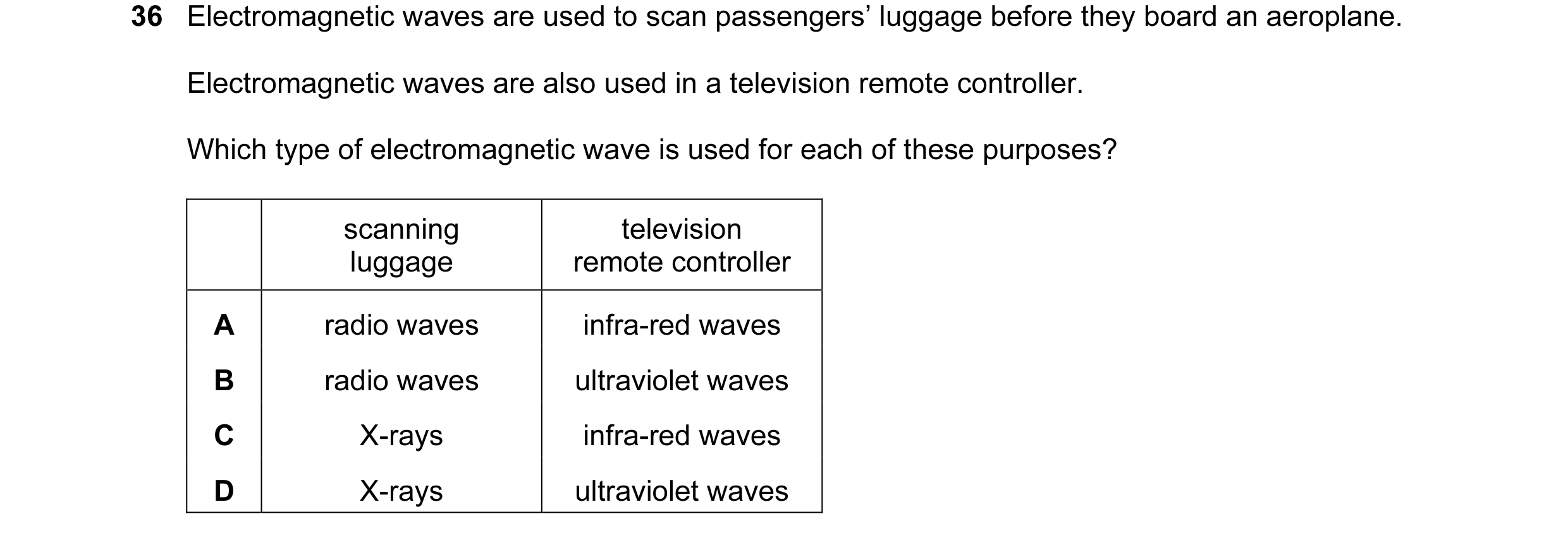 Question 37: Electromagnetic waves are used to scan passengers’ luggage before they board an aeroplane. Electromagnetic waves are also used in a televis…