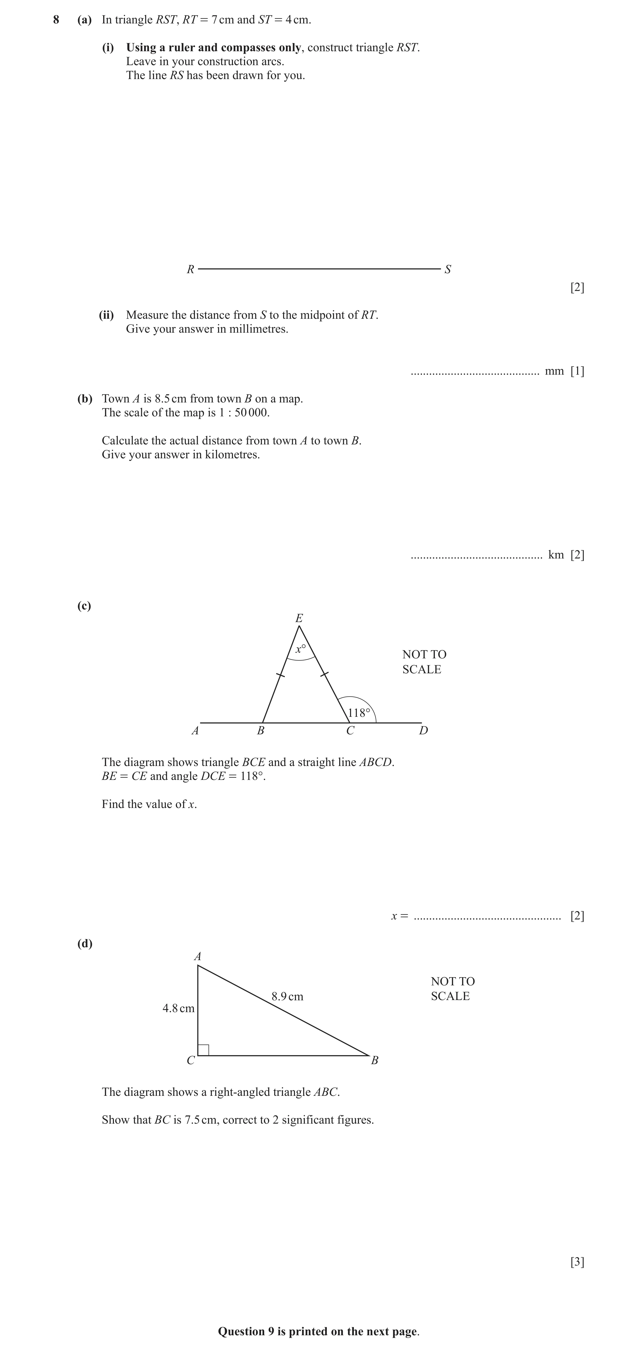 Question 30: (a) In triangle RST, RT = 7 cm and ST = 4 cm. (i) Using a ruler and compasses only, construct triangle RST. Leave in your construction arcs…