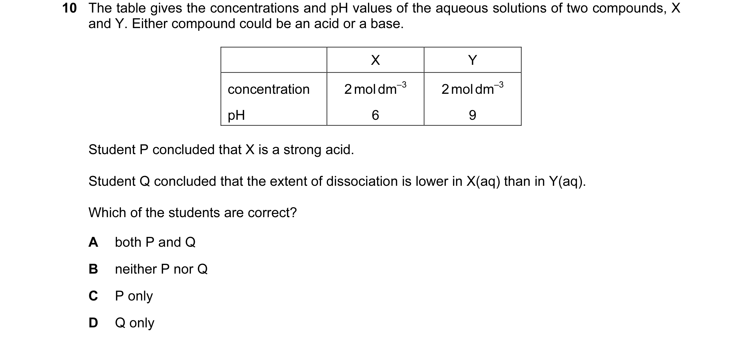 Question 16: The table gives the concentrations and pH values of the aqueous solutions of two compounds, X and Y. Either compound could be an acid or a …
