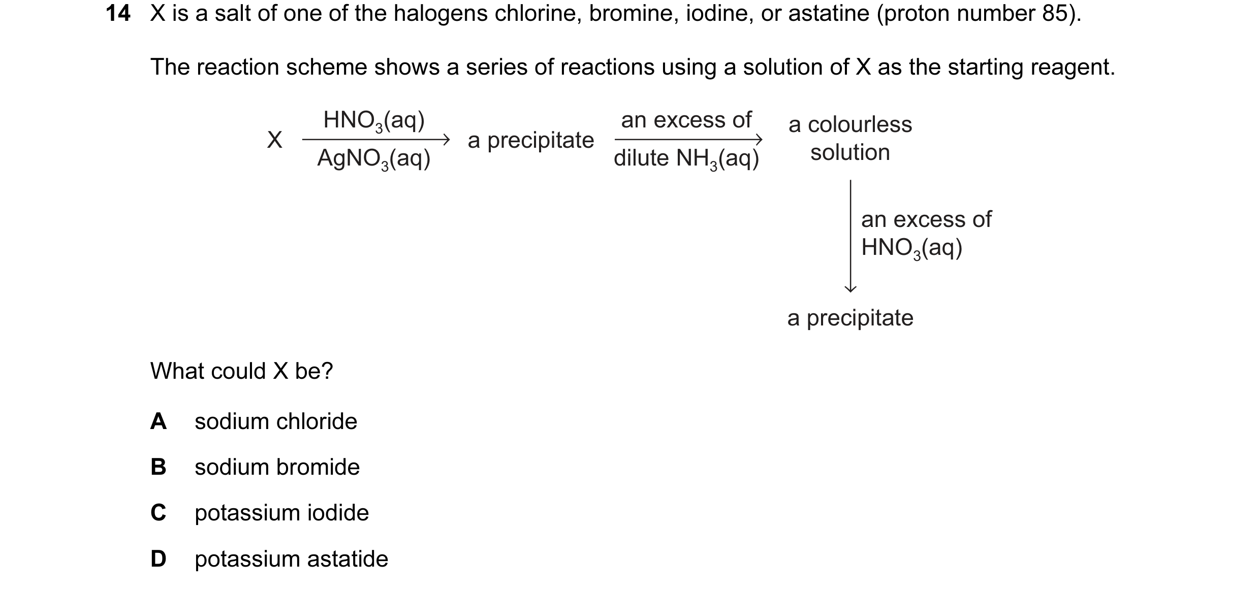 Question 10: X is a salt of one of the halogens chlorine, bromine, iodine, or astatine (proton number 85). The reaction scheme shows a series of reactio…