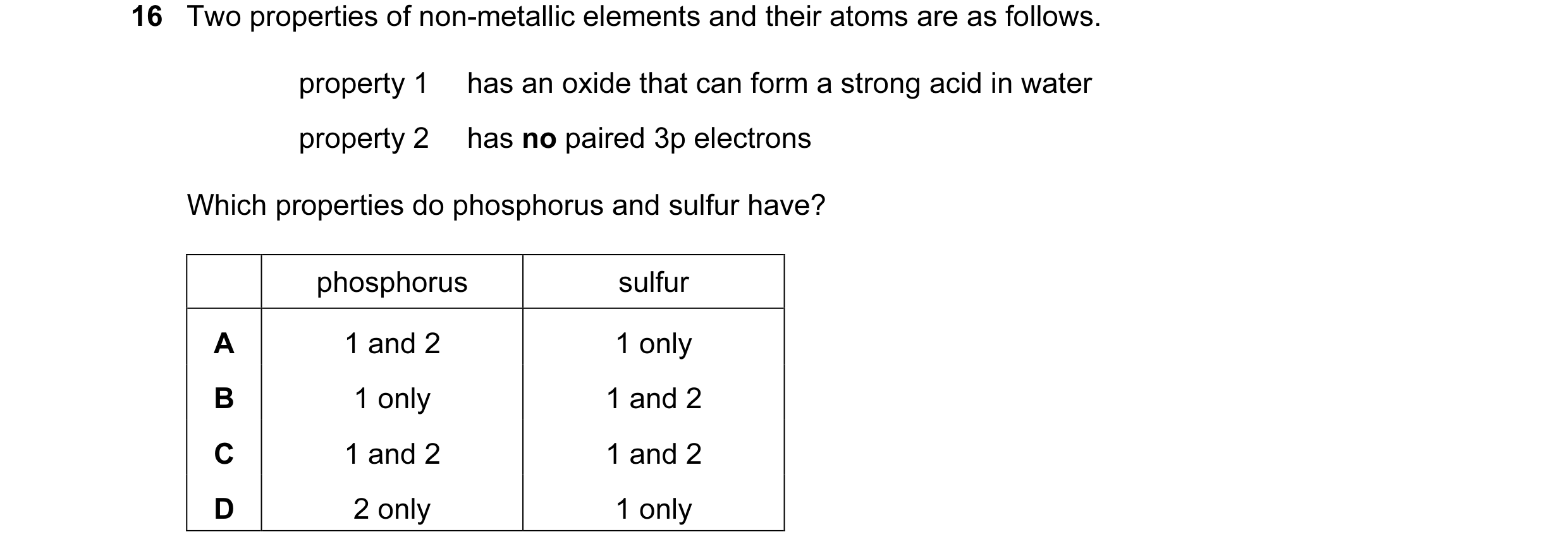 Question 12: Two properties of non-metallic elements and their atoms are as follows. property 1 has an oxide that can form a strong acid in water proper…