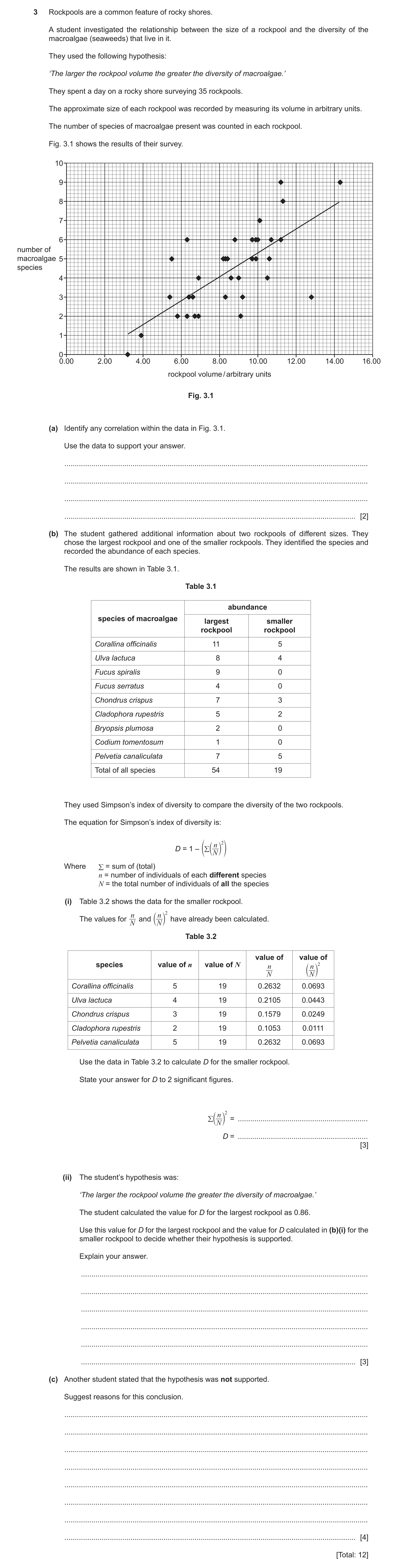 Question 8: Rockpools are a common feature of rocky shores. A student investigated the relationship between the size of a rockpool and the diversity of…