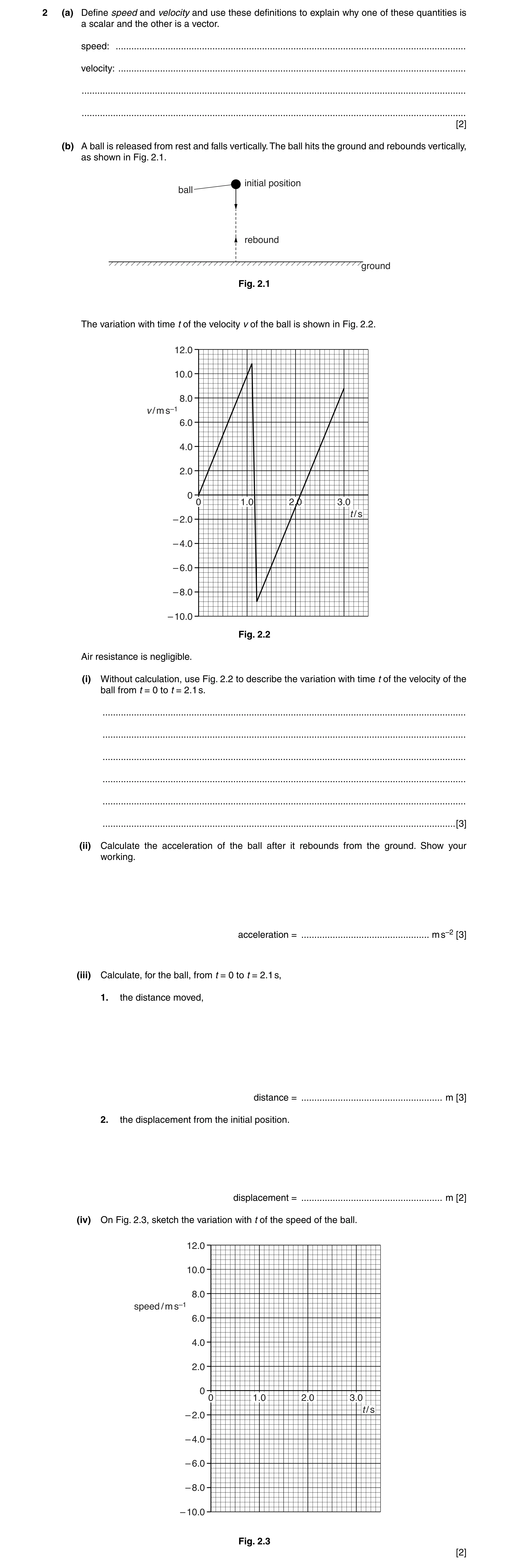 Question 15: (a) Define speed and velocity and use these definitions to explain why one of these quantities is a scalar and the other is a vector. speed…