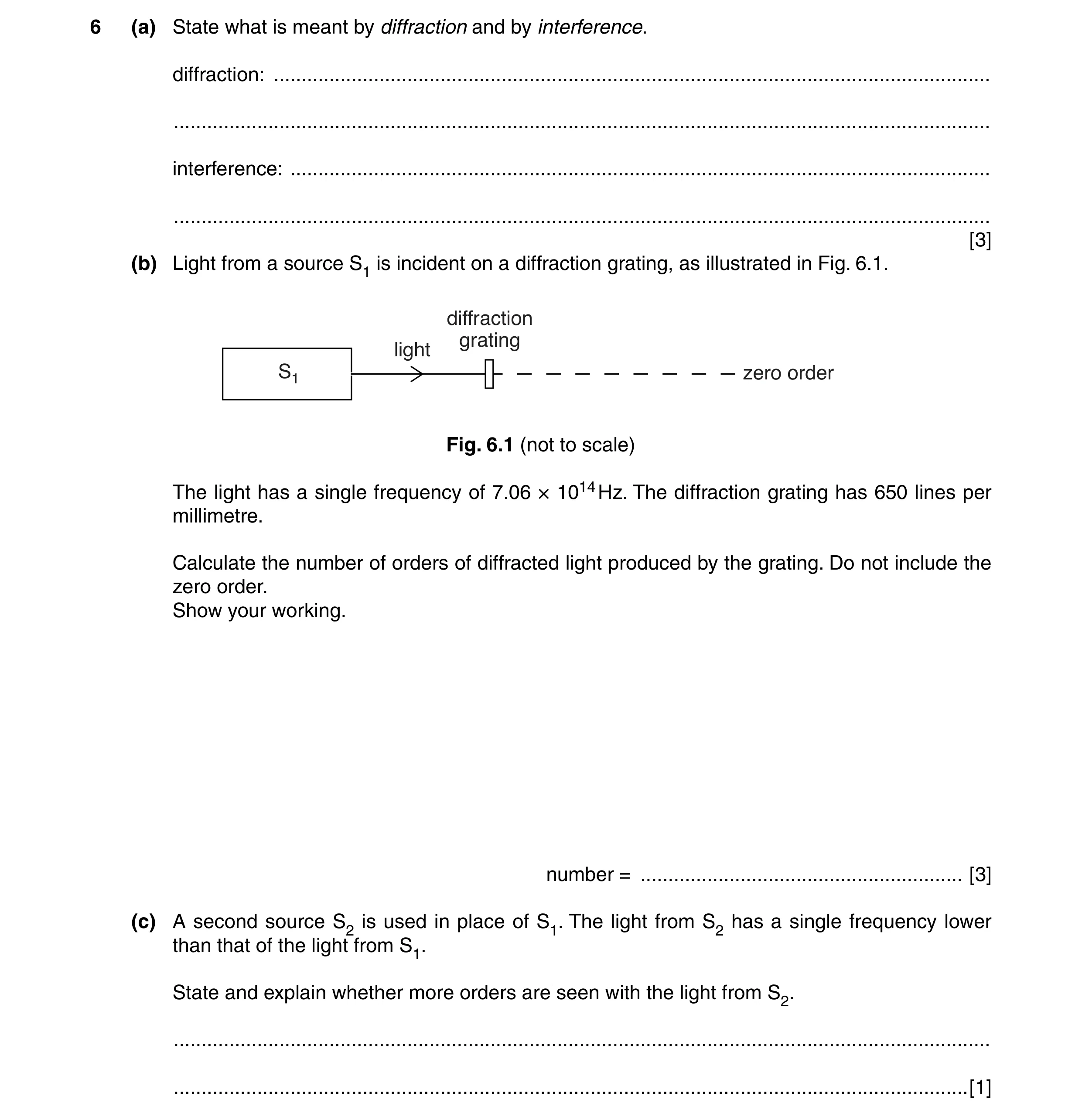 Question 6: (a) State what is meant by diffraction and by interference. diffraction: ..................................................................…