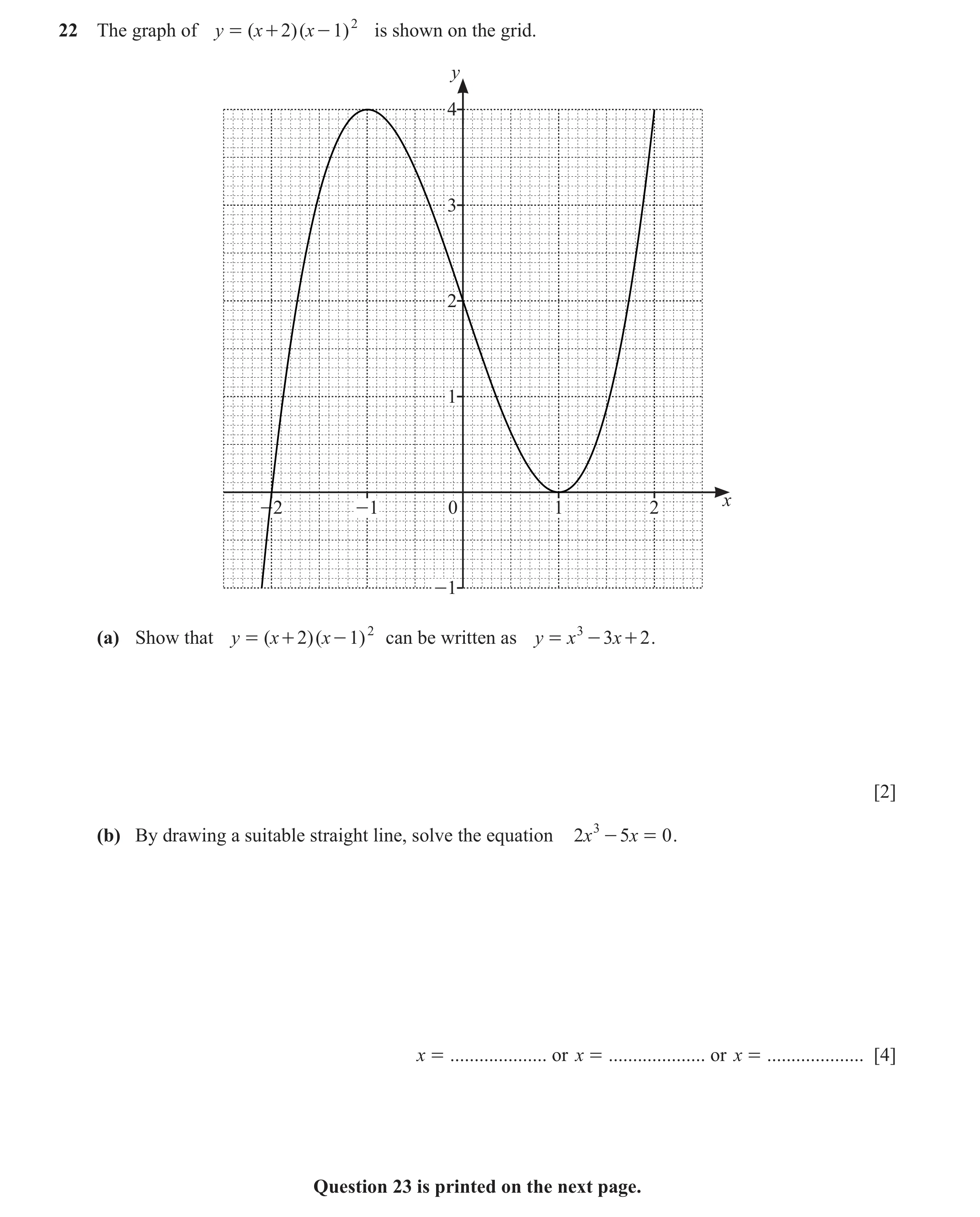 Question 171: The graph of y = ( x + 2)( x - 1) 2 is shown on the grid. y 4 3 2 1 x -2 -1 0 1 2 -1 (a) Show that y = ( x + 2 )( x - 1 ) 2 can be written …