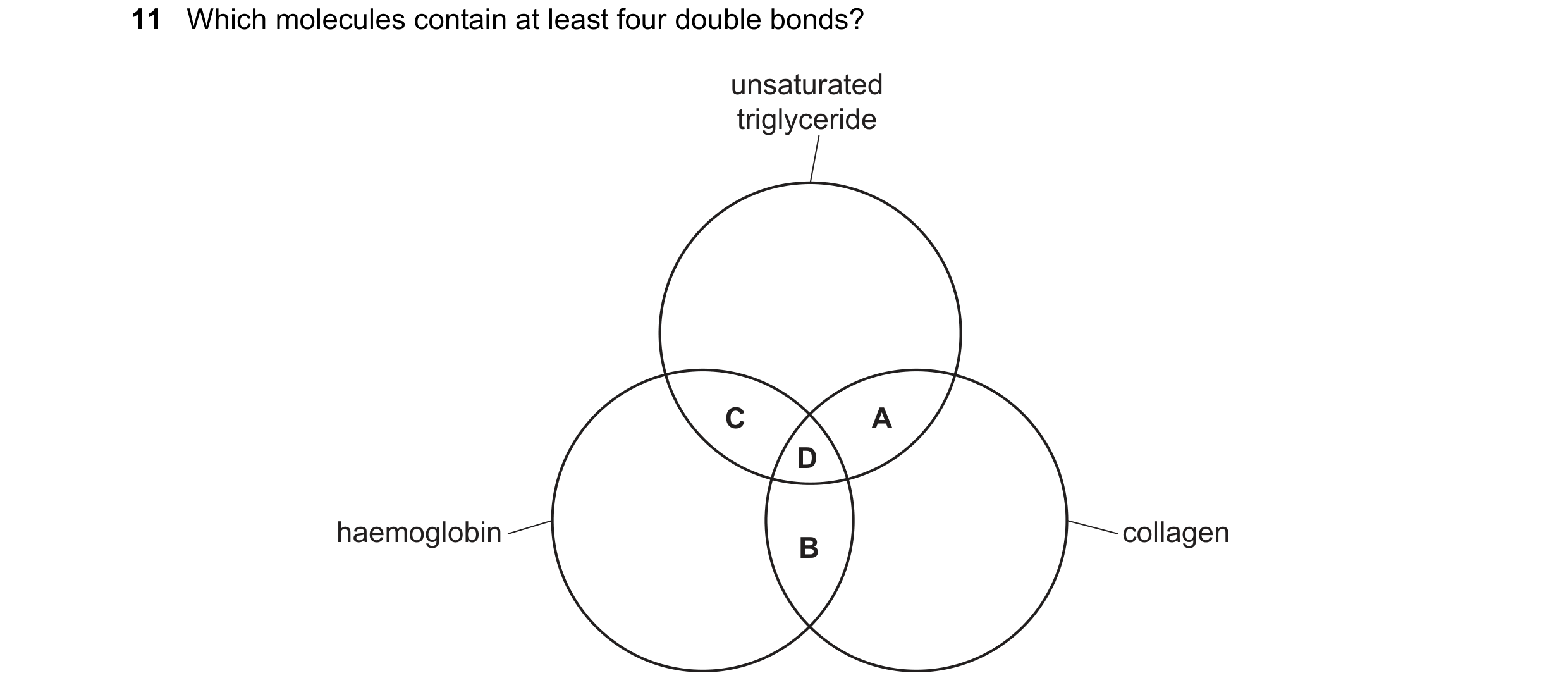 Question 222: Which molecules contain at least four double bonds? unsaturated triglyceride C A D haemoglobin collagen B