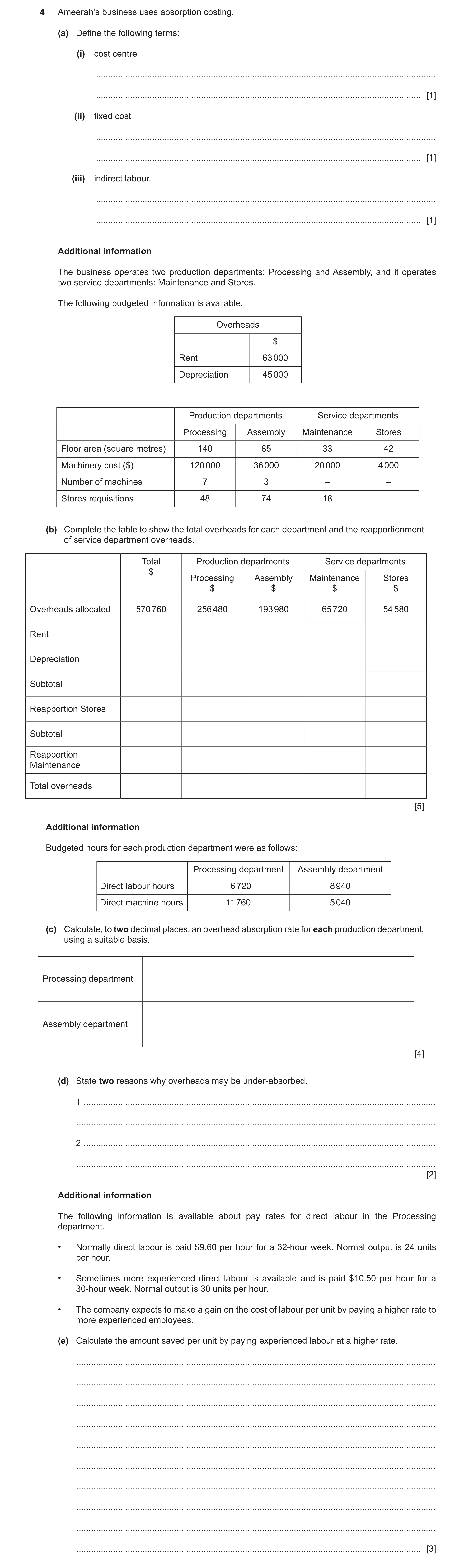 Question 24: Ameerah’s business uses absorption costing. (a) Define the following terms: (i) cost centre ...............................................…
