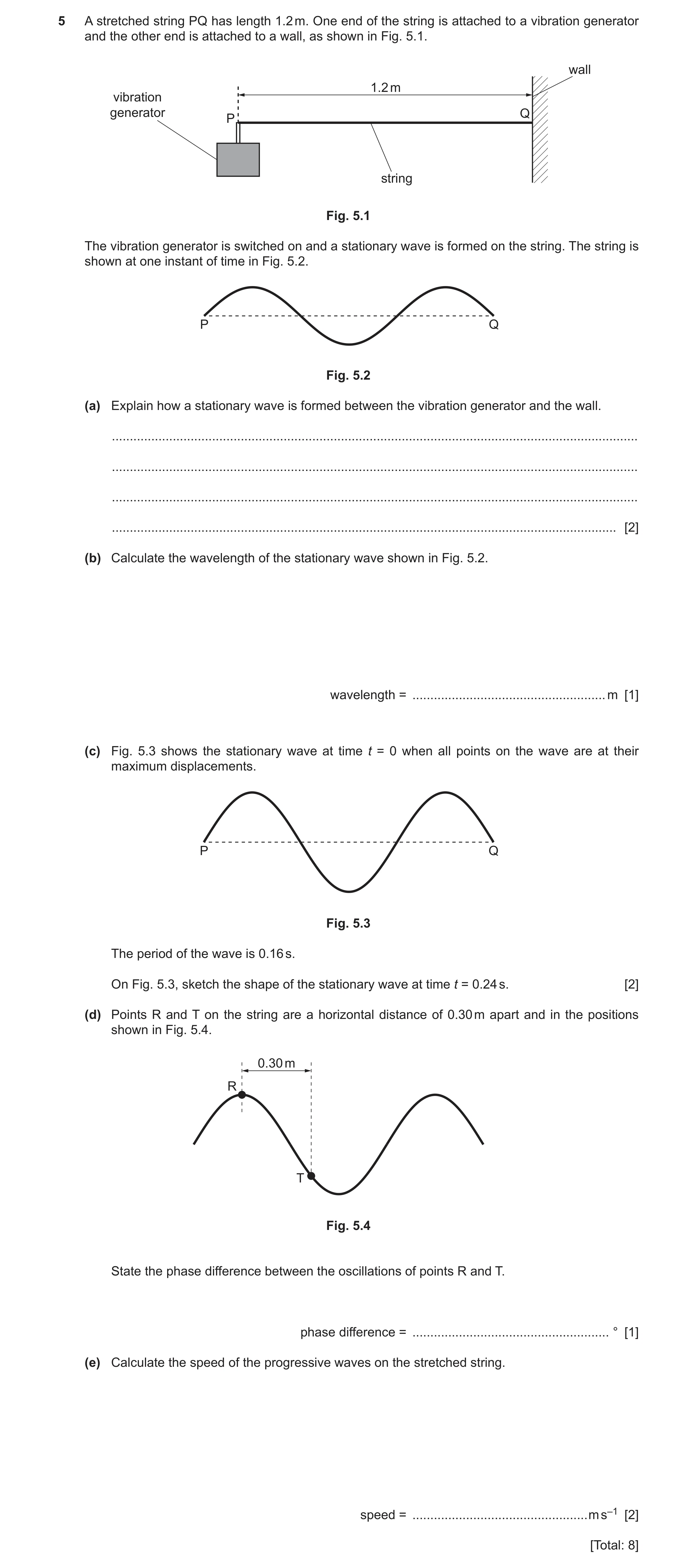 Question 16: A stretched string PQ has length 1.2 m. One end of the string is attached to a vibration generator and the other end is attached to a wall,…