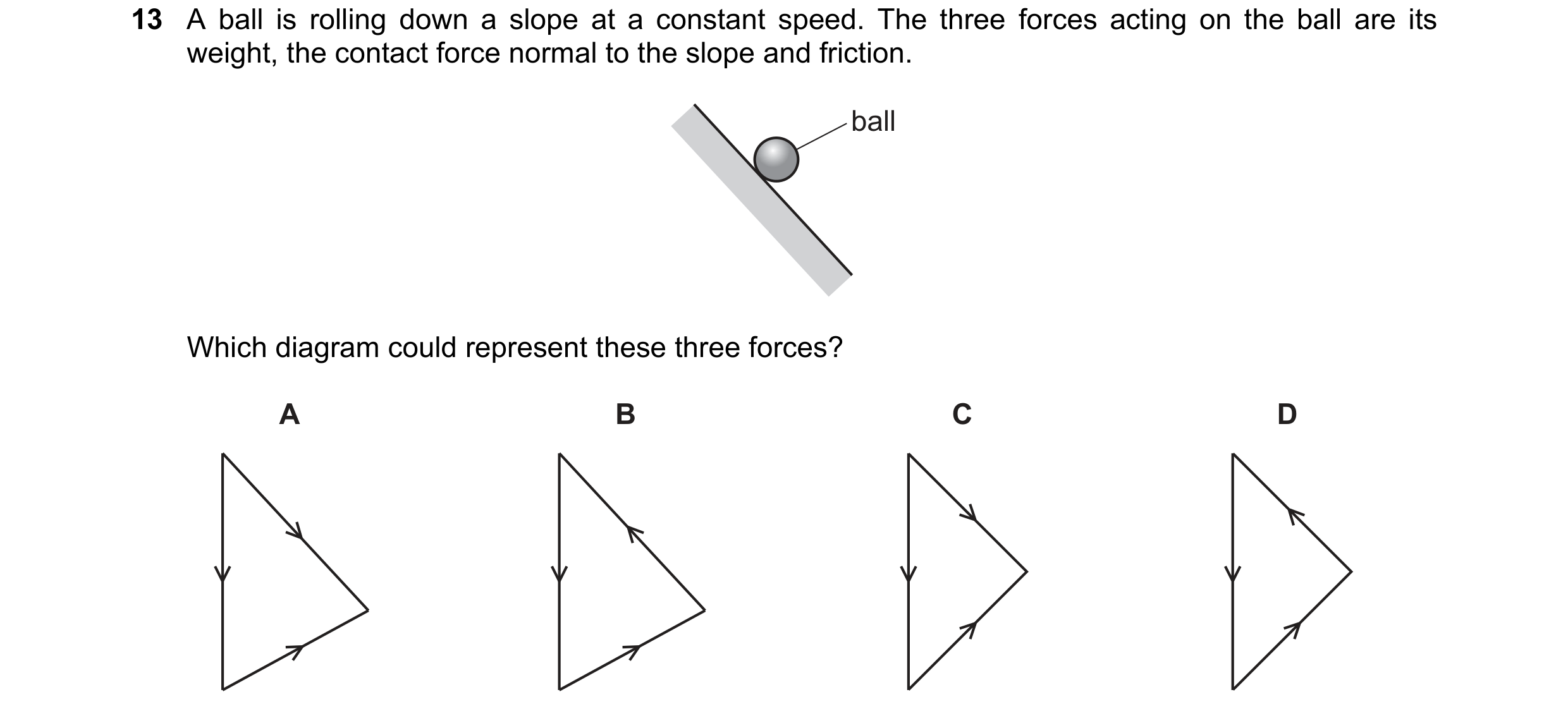 Question 113: A ball is rolling down a slope at a constant speed. The three forces acting on the ball are its weight, the contact force normal to the slo…